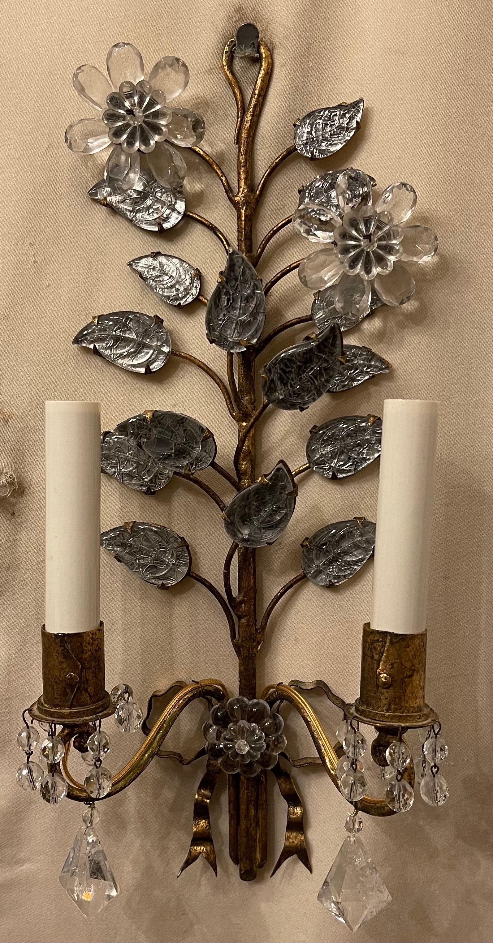 A Wonderful pair of french gold gilt and rock crystal leaf bouquet with ribbon back and crystal flower Baguès Sconces
Rewired with new candelabra sockets.
