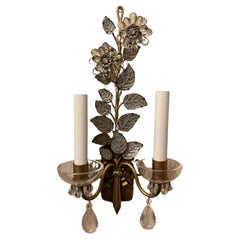 Wonderful Pair French Gold Gilt Rock Crystal Leaf Bouquet Ribbon Baguès Sconces