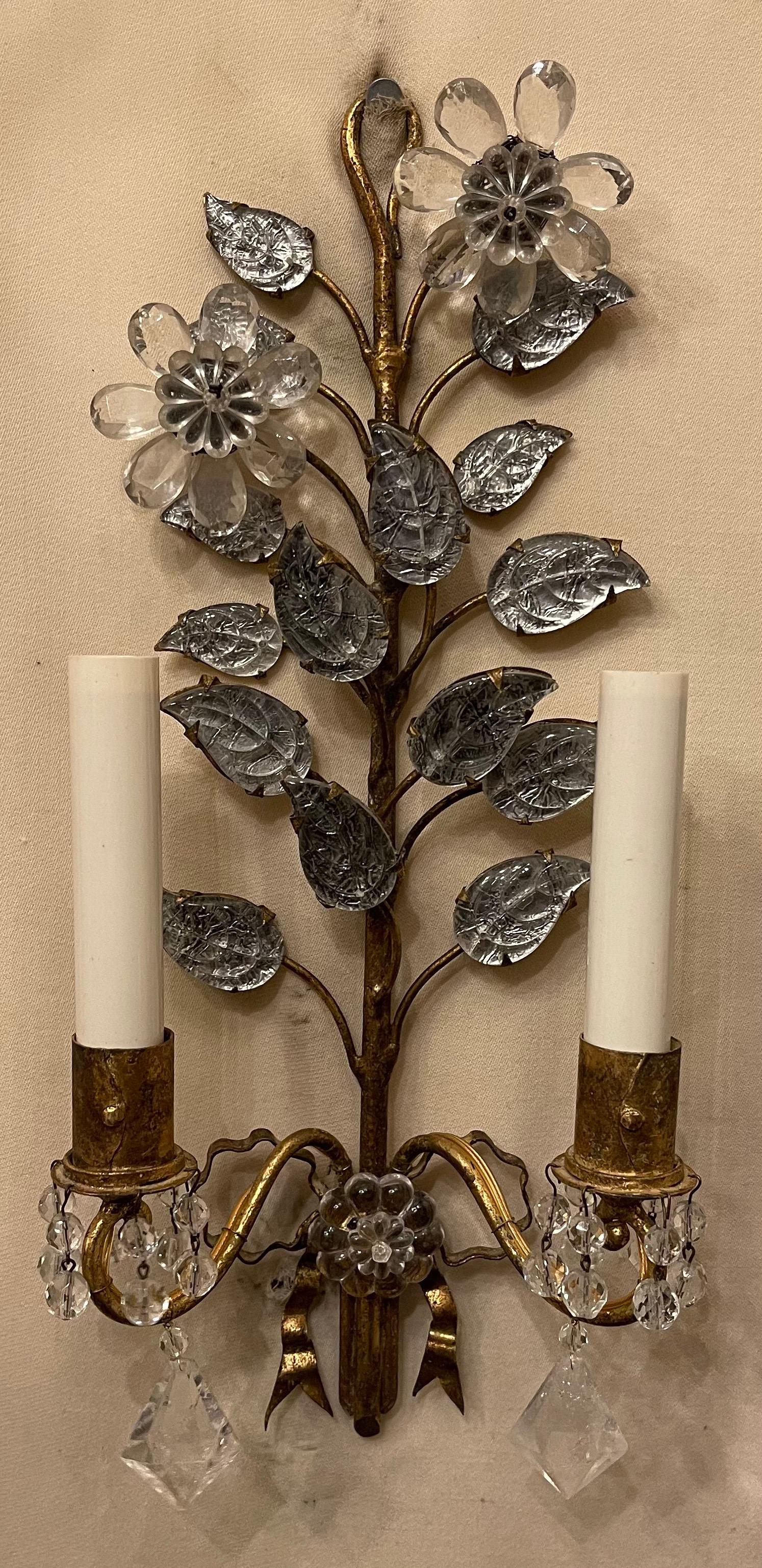Belle Époque Wonderful Pair French Gold Gilt Rock Crystal Leaf Bouquet Ribbon Baguès Sconces