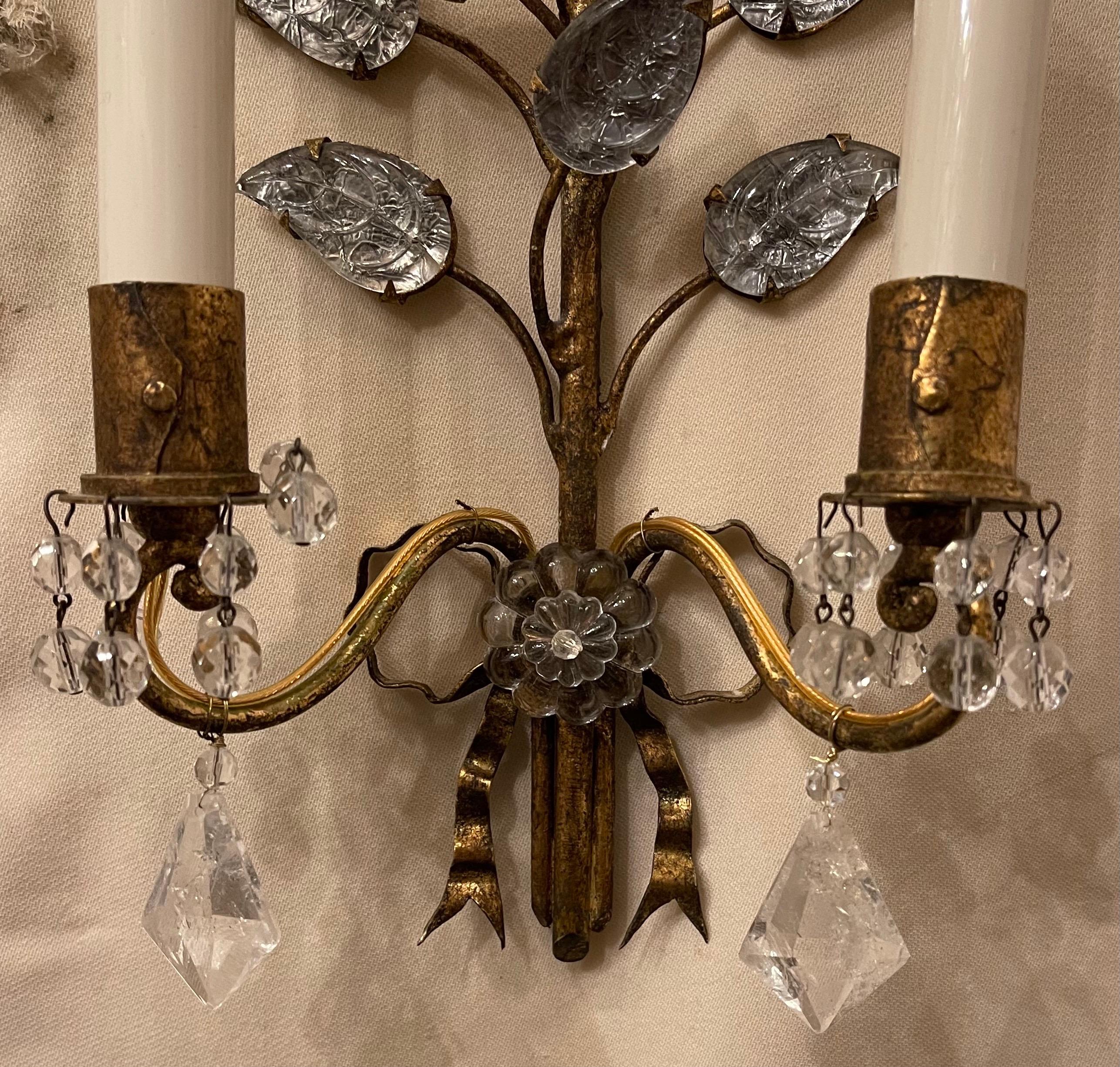 Wonderful Pair French Gold Gilt Rock Crystal Leaf Bouquet Ribbon Baguès Sconces In Good Condition In Roslyn, NY