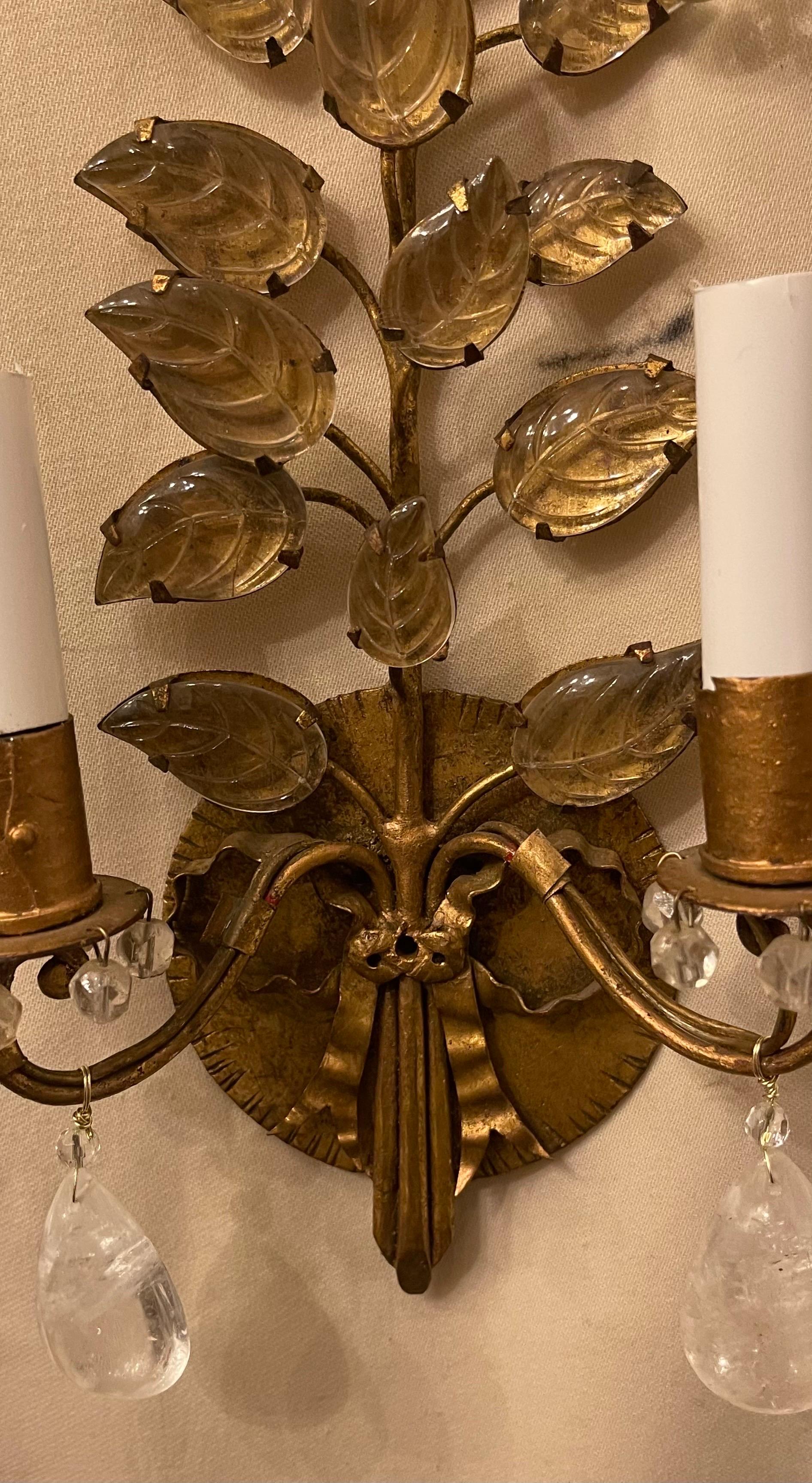 Wonderful Pair French Gold Gilt Rock Crystal Leaf Bouquet Ribbon Baguès Sconces In Good Condition For Sale In Roslyn, NY