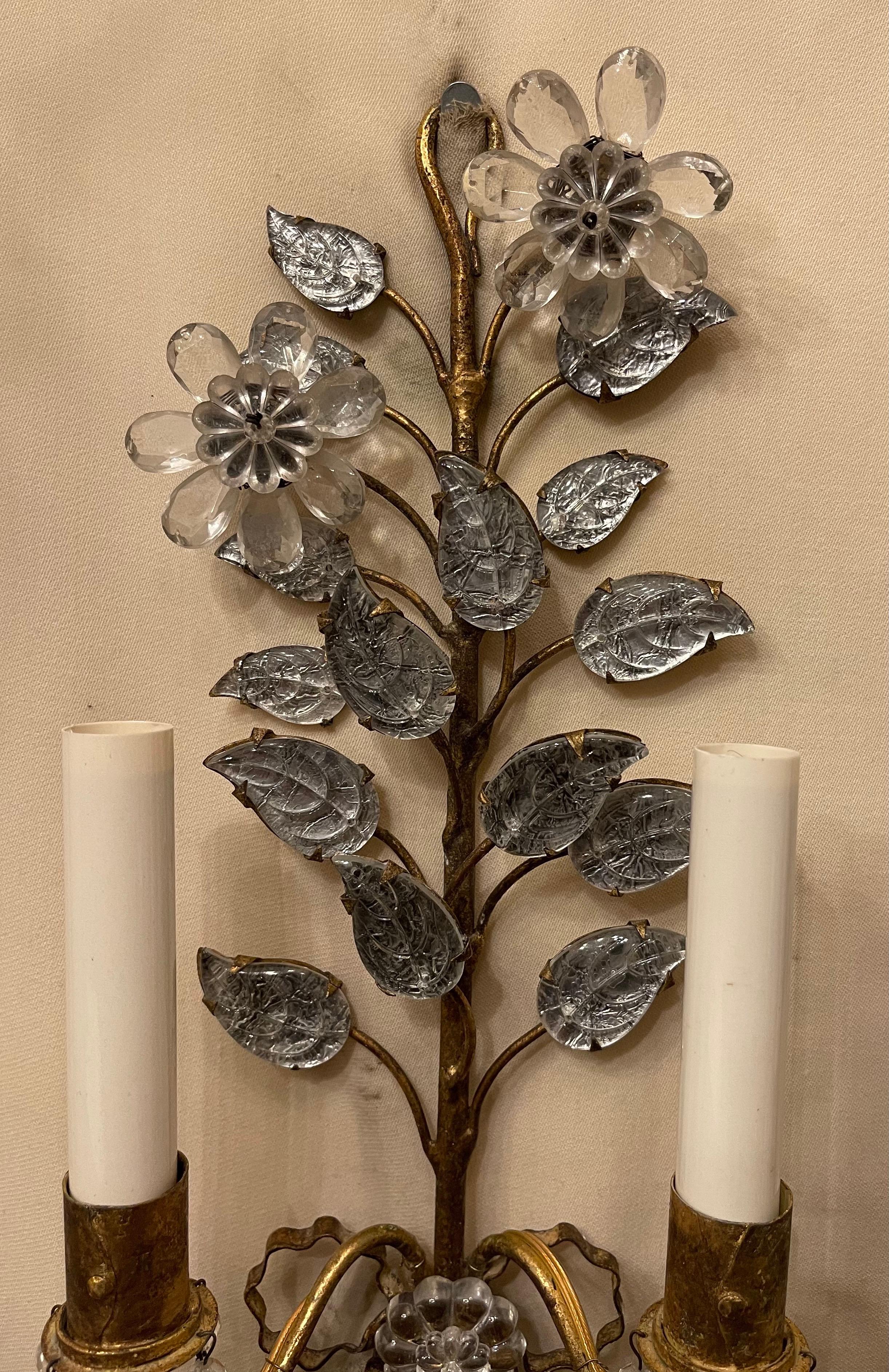 20th Century Wonderful Pair French Gold Gilt Rock Crystal Leaf Bouquet Ribbon Baguès Sconces