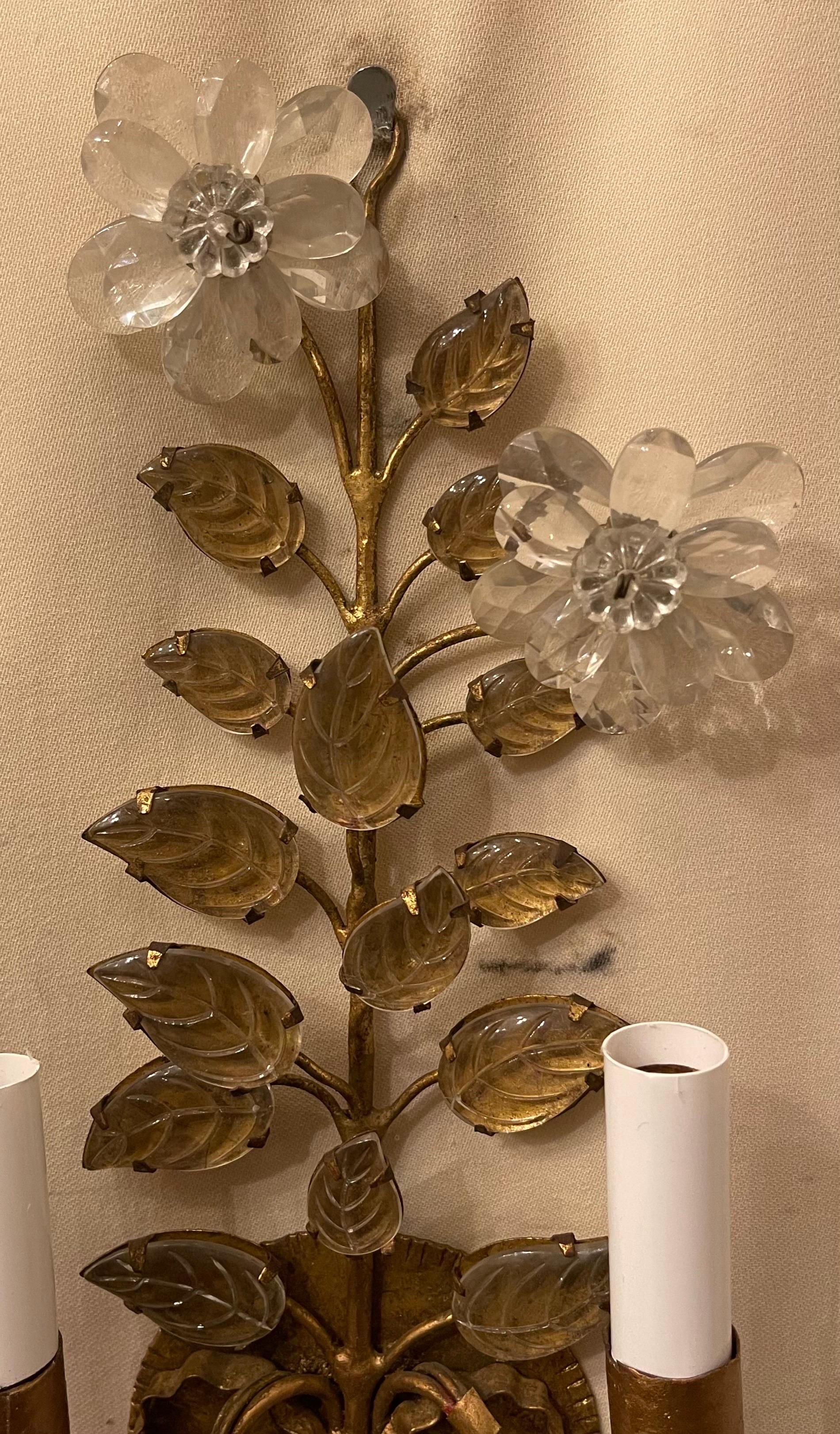 20th Century Wonderful Pair French Gold Gilt Rock Crystal Leaf Bouquet Ribbon Baguès Sconces For Sale