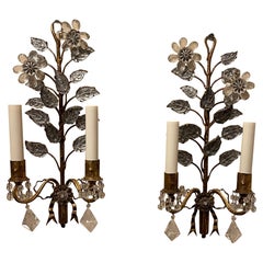Wonderful Pair French Gold Gilt Rock Crystal Leaf Bouquet Ribbon Baguès Sconces