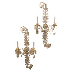 Wonderful Pair French Gold Gilt Rock Crystal Leaf Paisley Maison Baguès Sconces