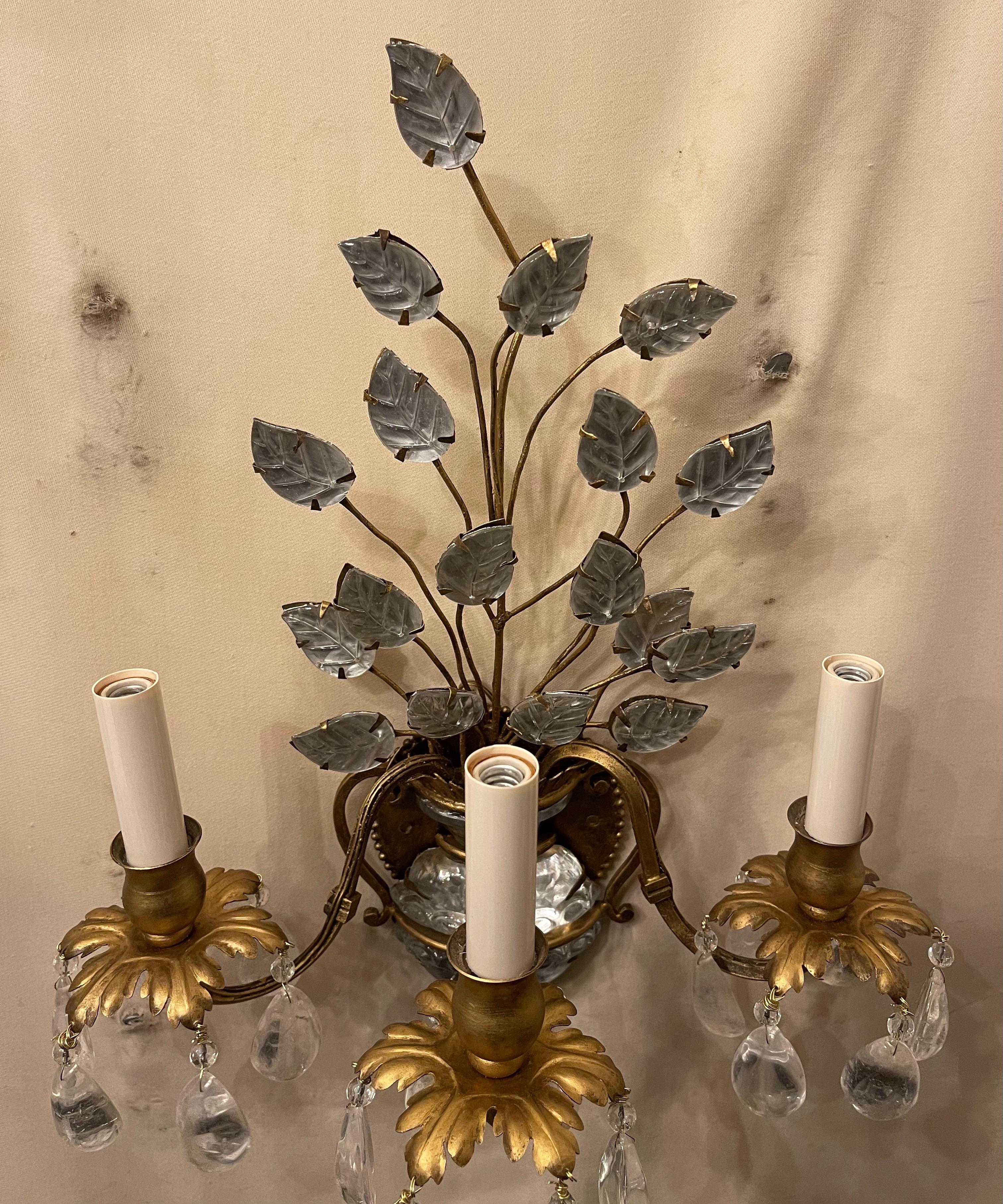 Wonderful Pair French Gold Gilt Rock Crystal Urn Leaf Bouquet Baguès Sconces In Good Condition For Sale In Roslyn, NY