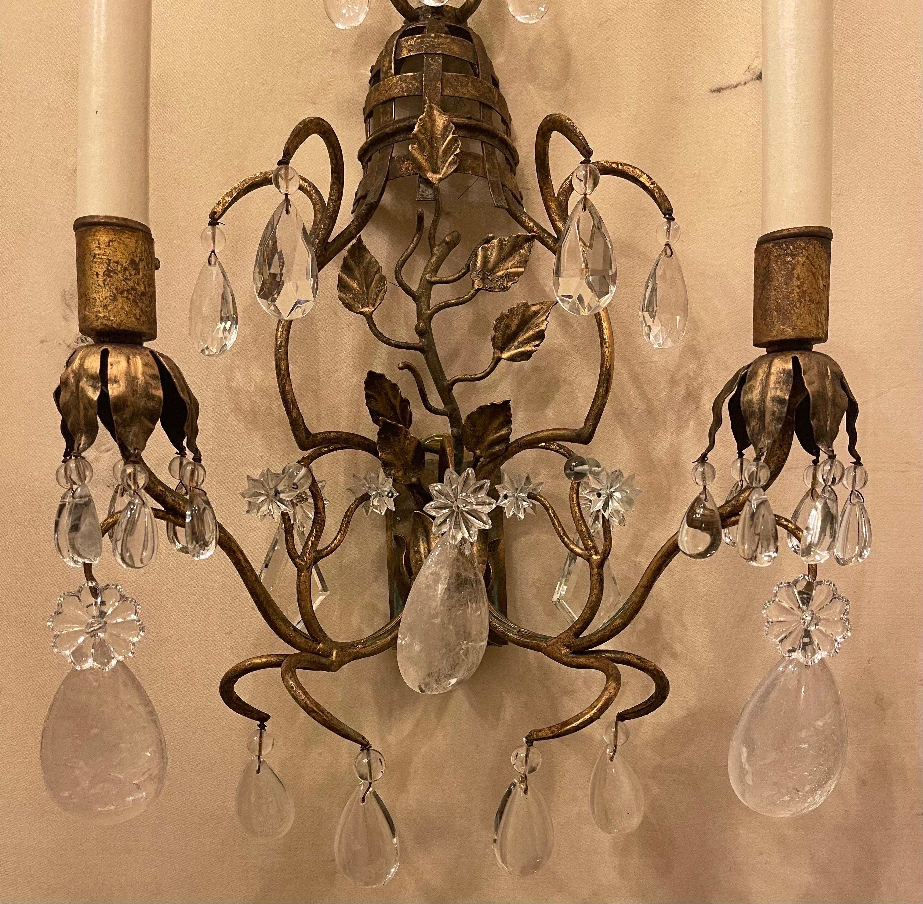 Gilt Wonderful Pair French Gold Rock Crystal Basket Bouquet Maison Baguès Sconces For Sale