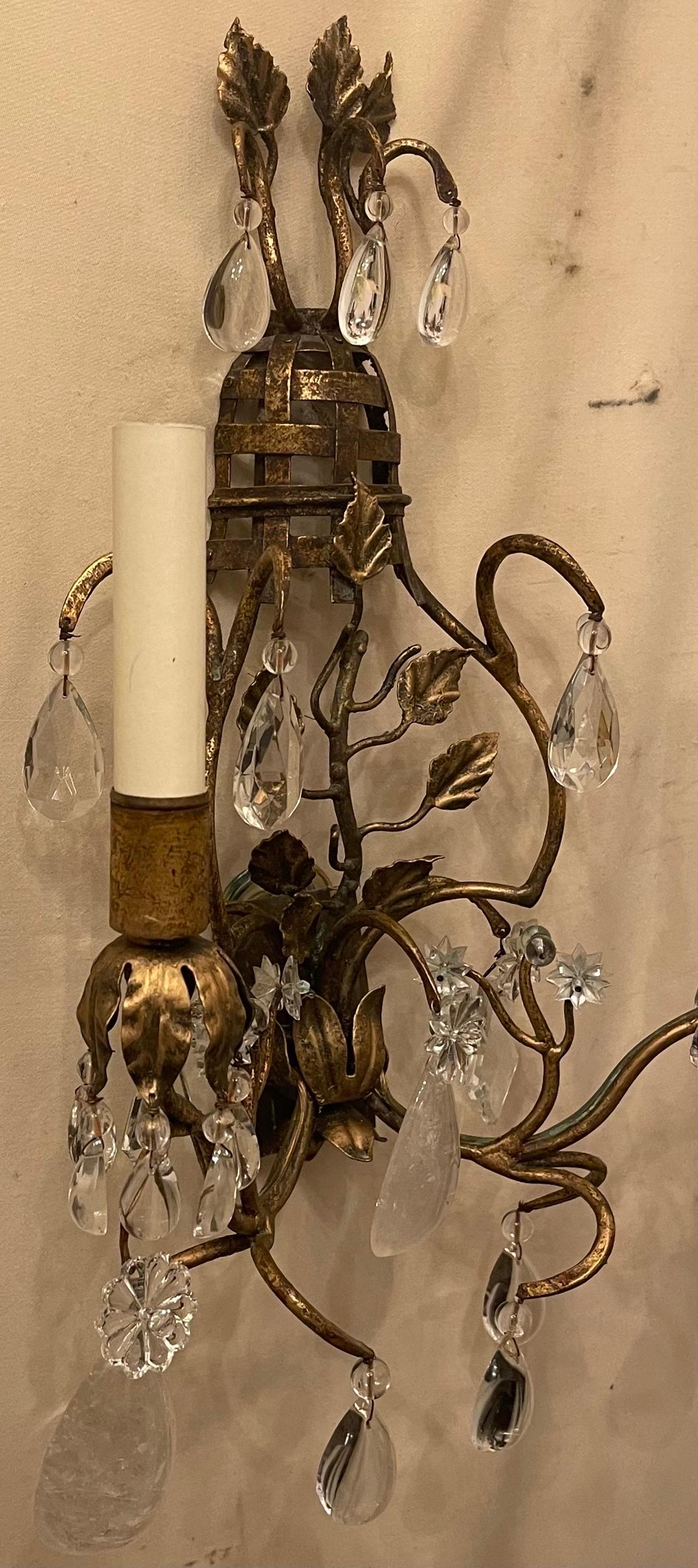 Wonderful Pair French Gold Rock Crystal Basket Bouquet Maison Baguès Sconces In Good Condition In Roslyn, NY
