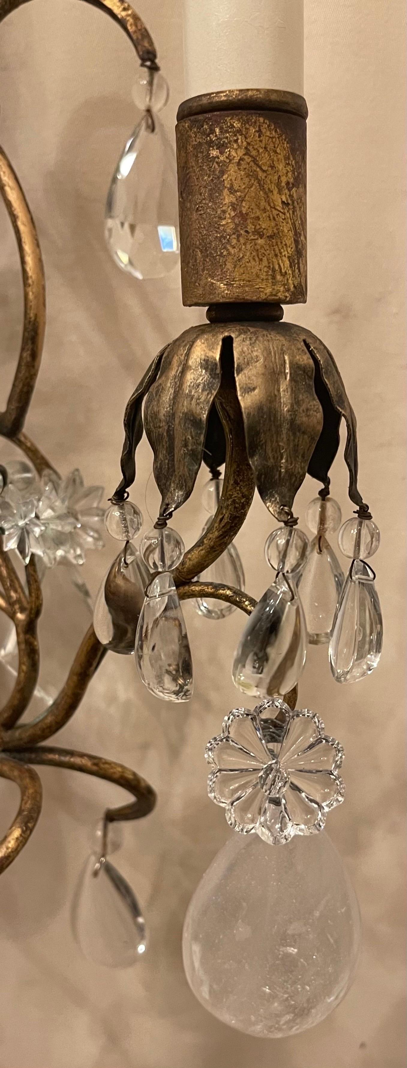 Wonderful Pair French Gold Rock Crystal Basket Bouquet Maison Baguès Sconces For Sale 1