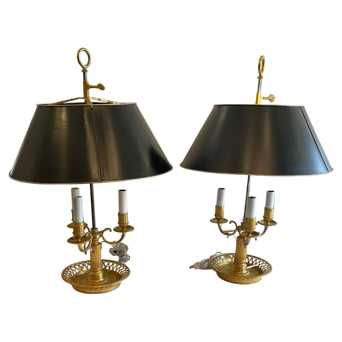 Wonderful Pair French Large Louis XVI Dore Bronze Bouillotte Lamp Tole Shade For Sale