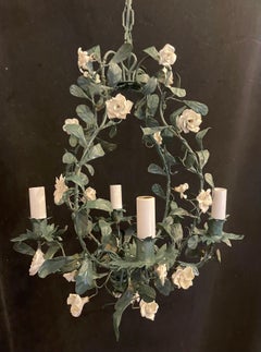 Wonderful Pair French Louis XV White Porcelain Flowers Tole Green Chandeliers