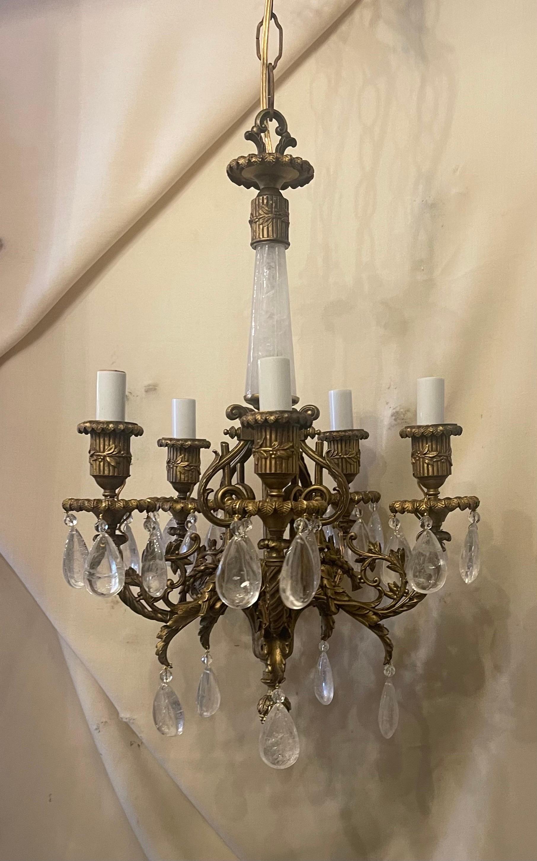 A Wonderful Pair Of French Louis XVI Style Bronze & Rock Crystal Petite Five-Arm Chandeliers Completely Rewired With New Sockets And Accompanied By Chain And Canopy