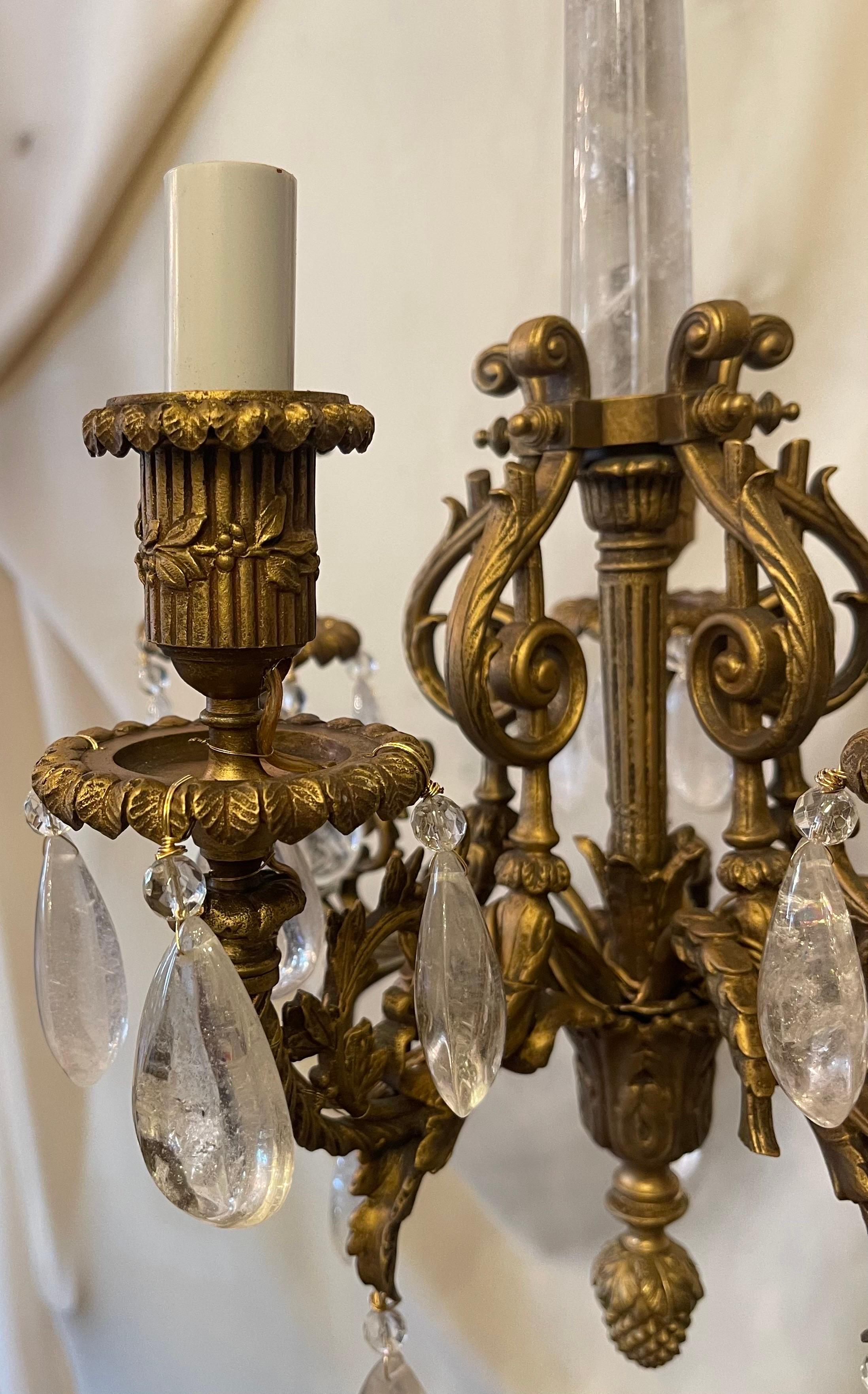 Wonderful Pair French Louis XVI Bronze Rock Crystal Petite Five-Arm Chandeliers In Good Condition In Roslyn, NY