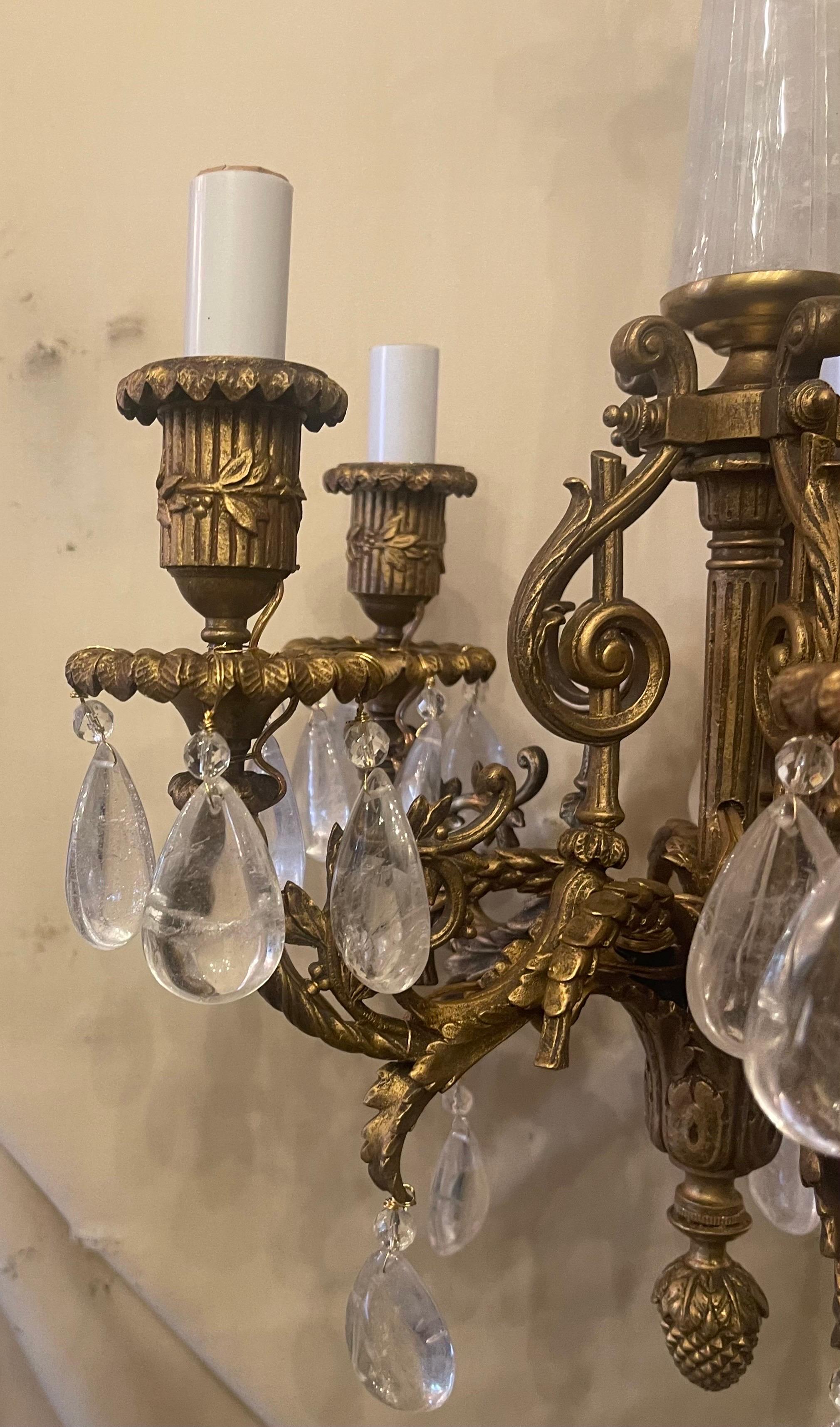 20th Century Wonderful Pair French Louis XVI Bronze Rock Crystal Petite Five-Arm Chandeliers For Sale