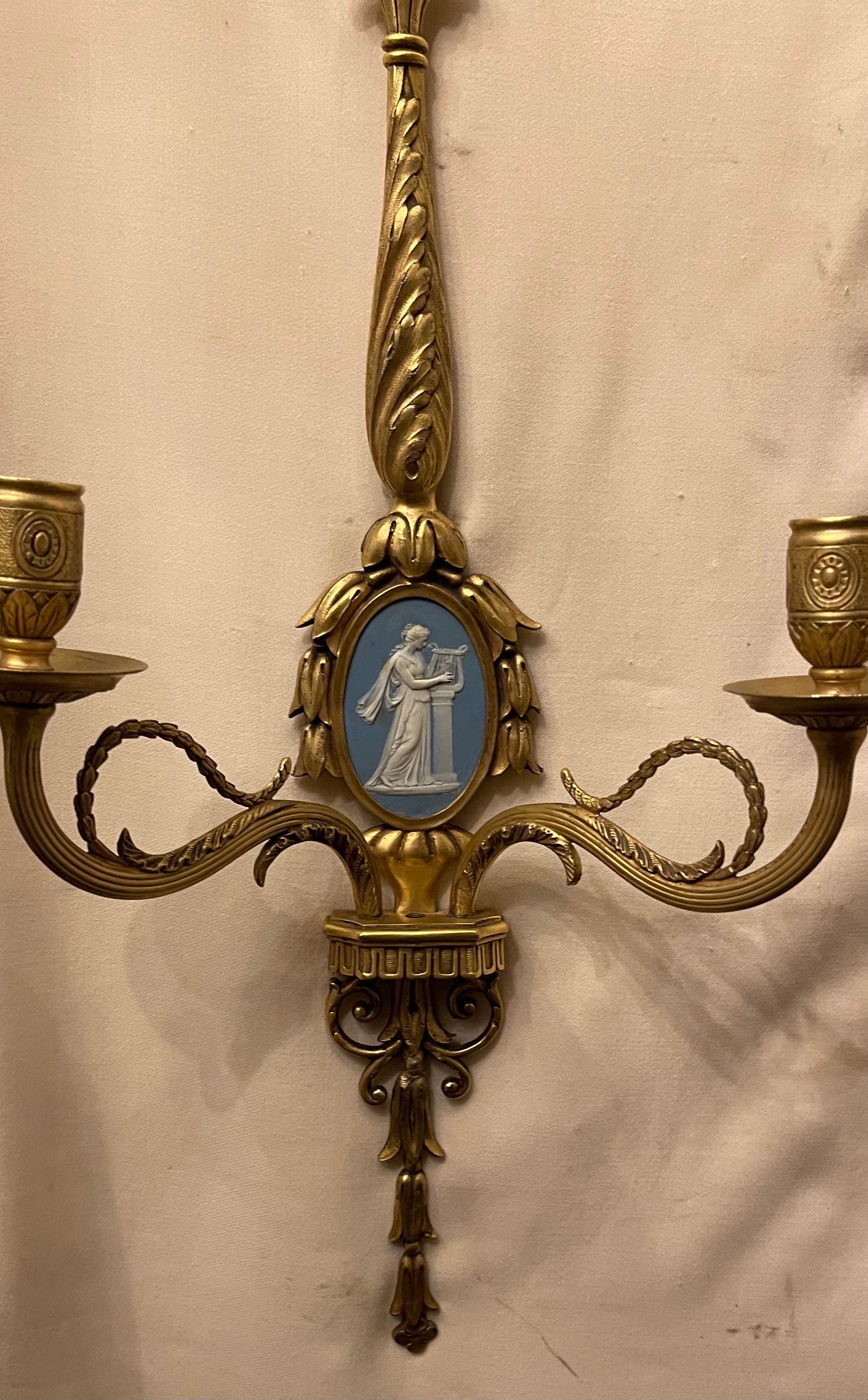 Wonderful Pair French Louis XVI Dore Bronze Wedgwood Sconces E F Caldwell In Good Condition For Sale In Roslyn, NY