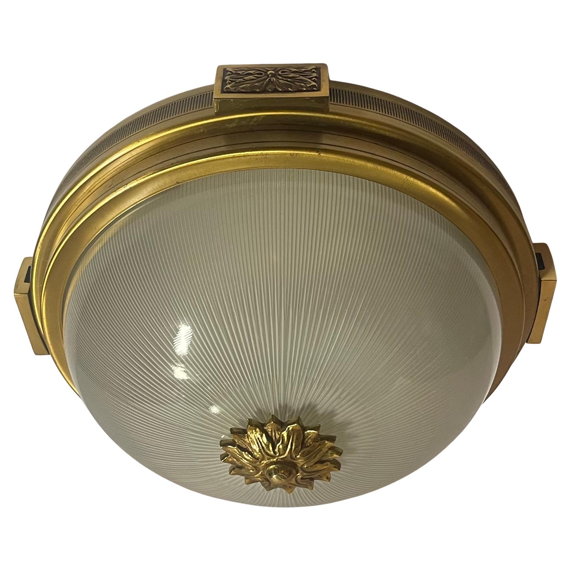 Wonderful Set 6 French Maison Bagues Gilt Bronze Art Glass Flush Mount Fixtures For Sale