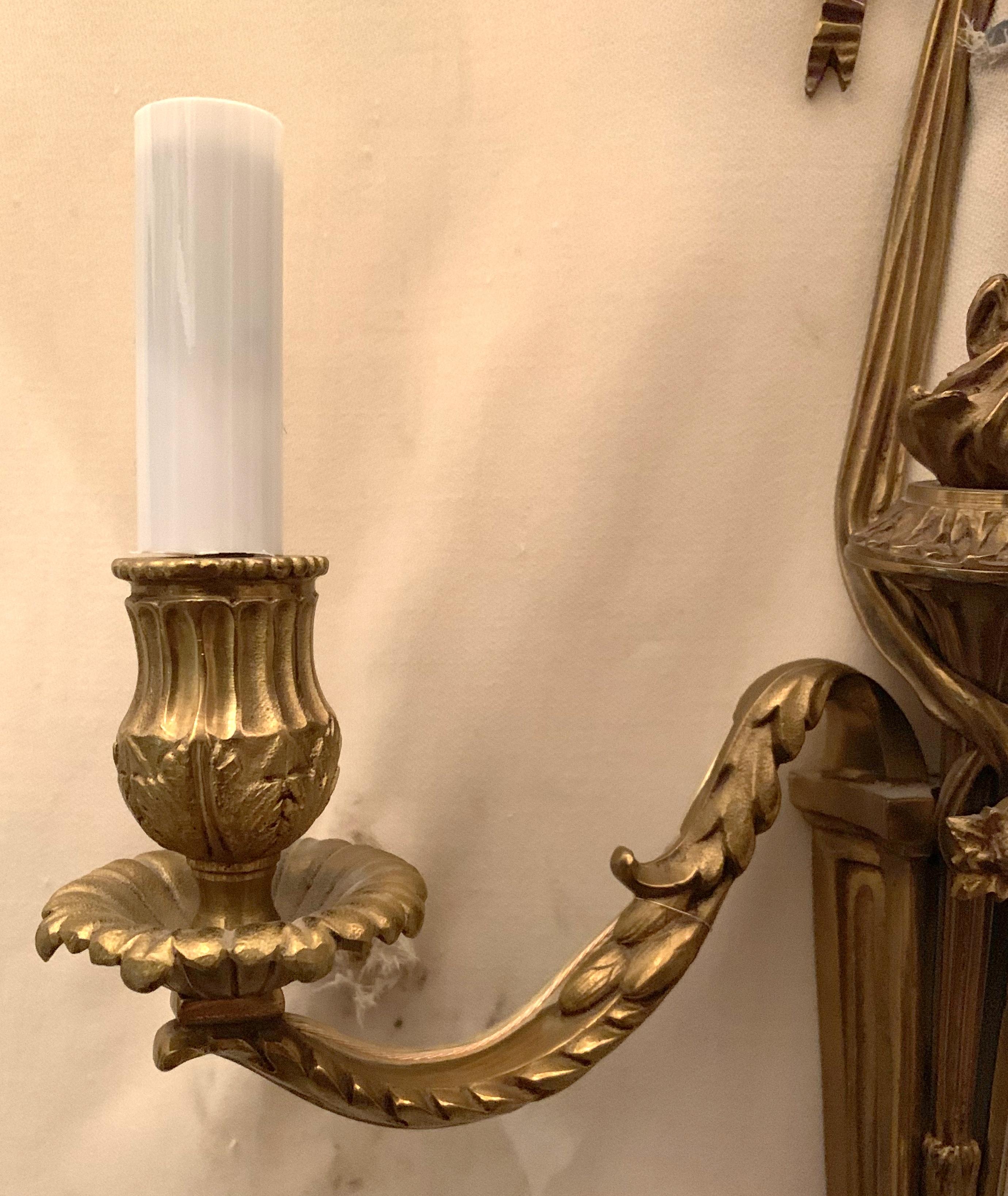 Wonderful Pair French Neoclassical Bronze Urn Bow Tassel Filigree 2-Arm Sconces In Good Condition For Sale In Roslyn, NY