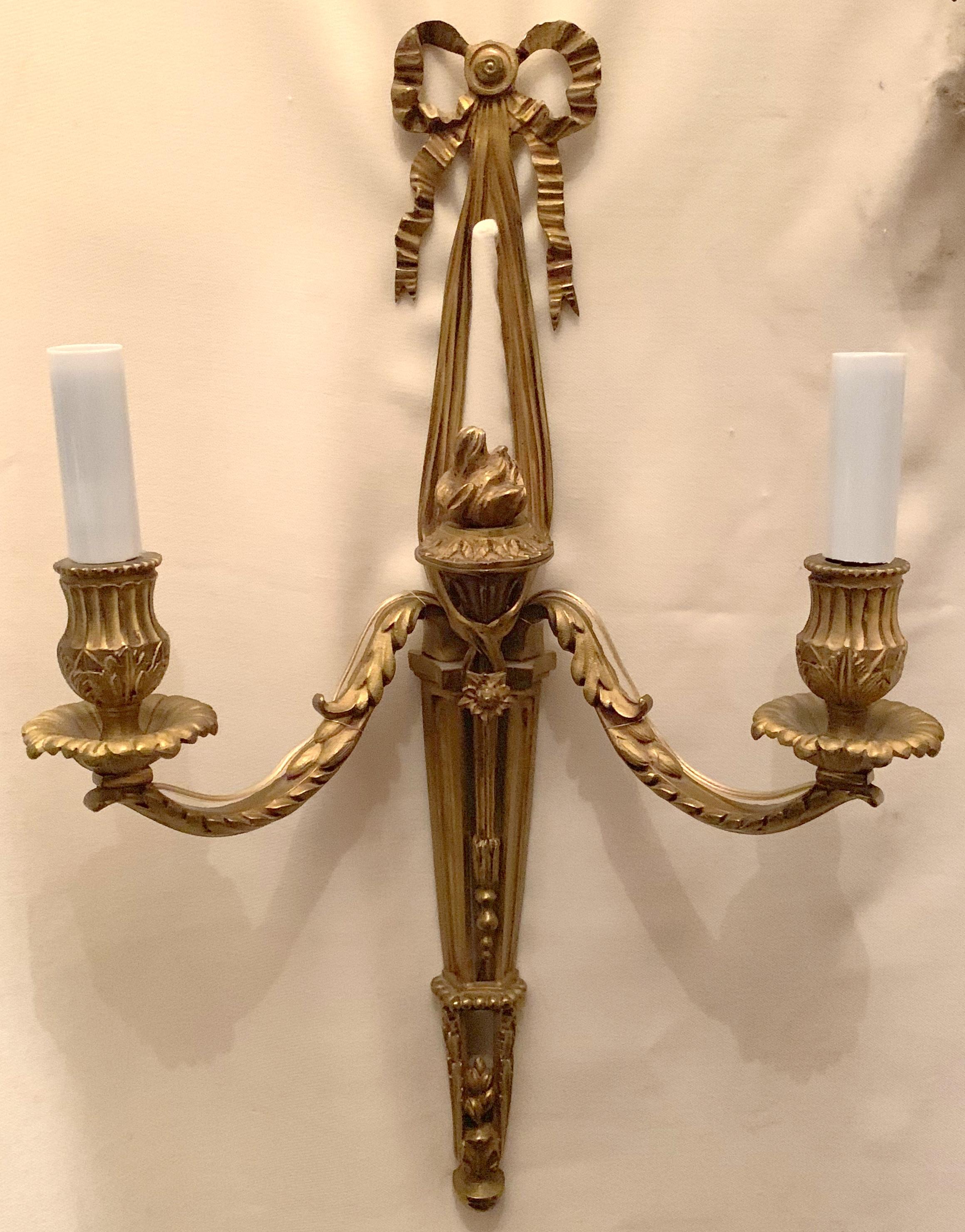 Wonderful Pair French Neoclassical Bronze Urn Bow Tassel Filigree 2-Arm Sconces For Sale 1