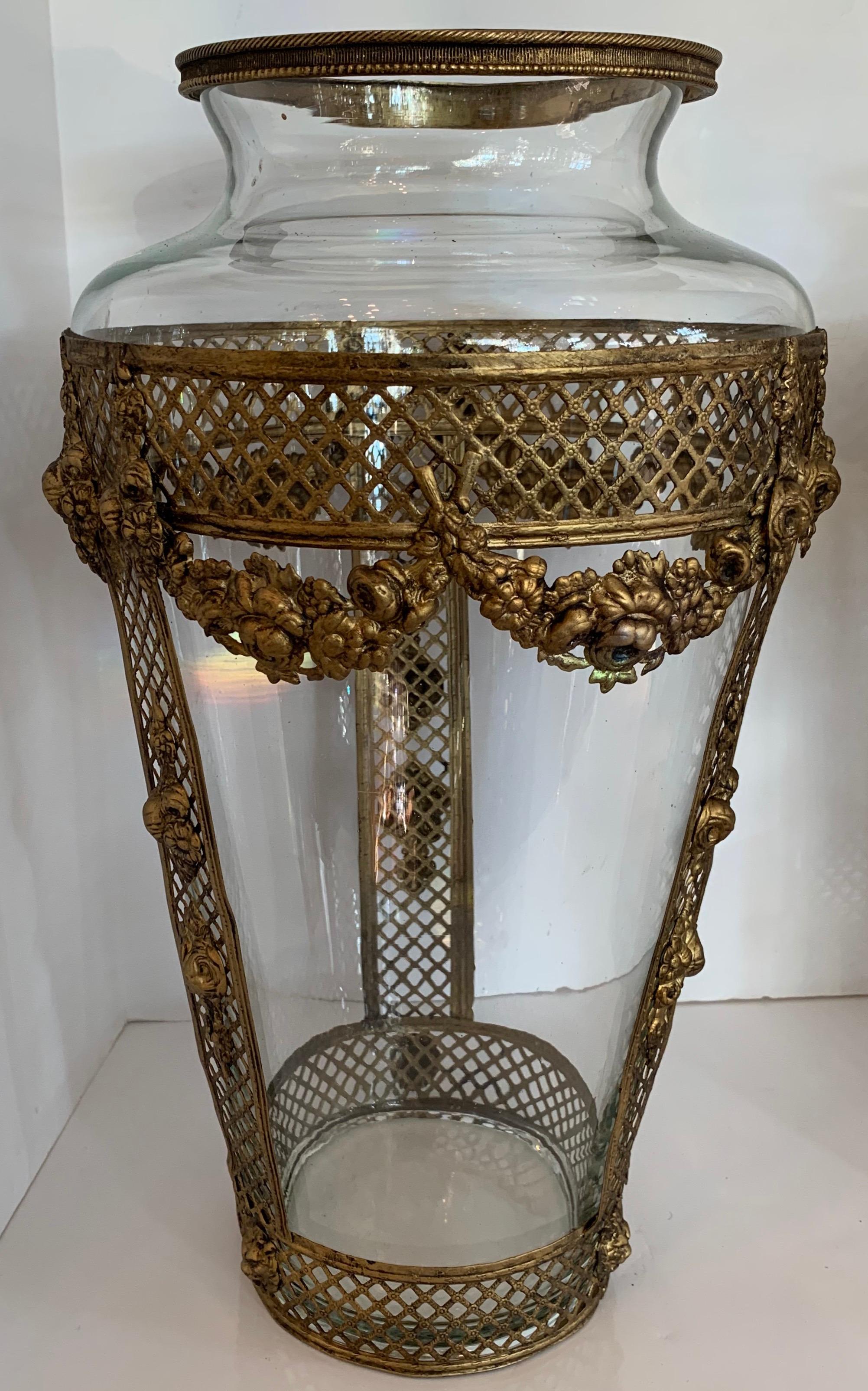 A wonderful pair french ormolu pierced bronze crystal/glass neoclassical lion filigree swag vases.