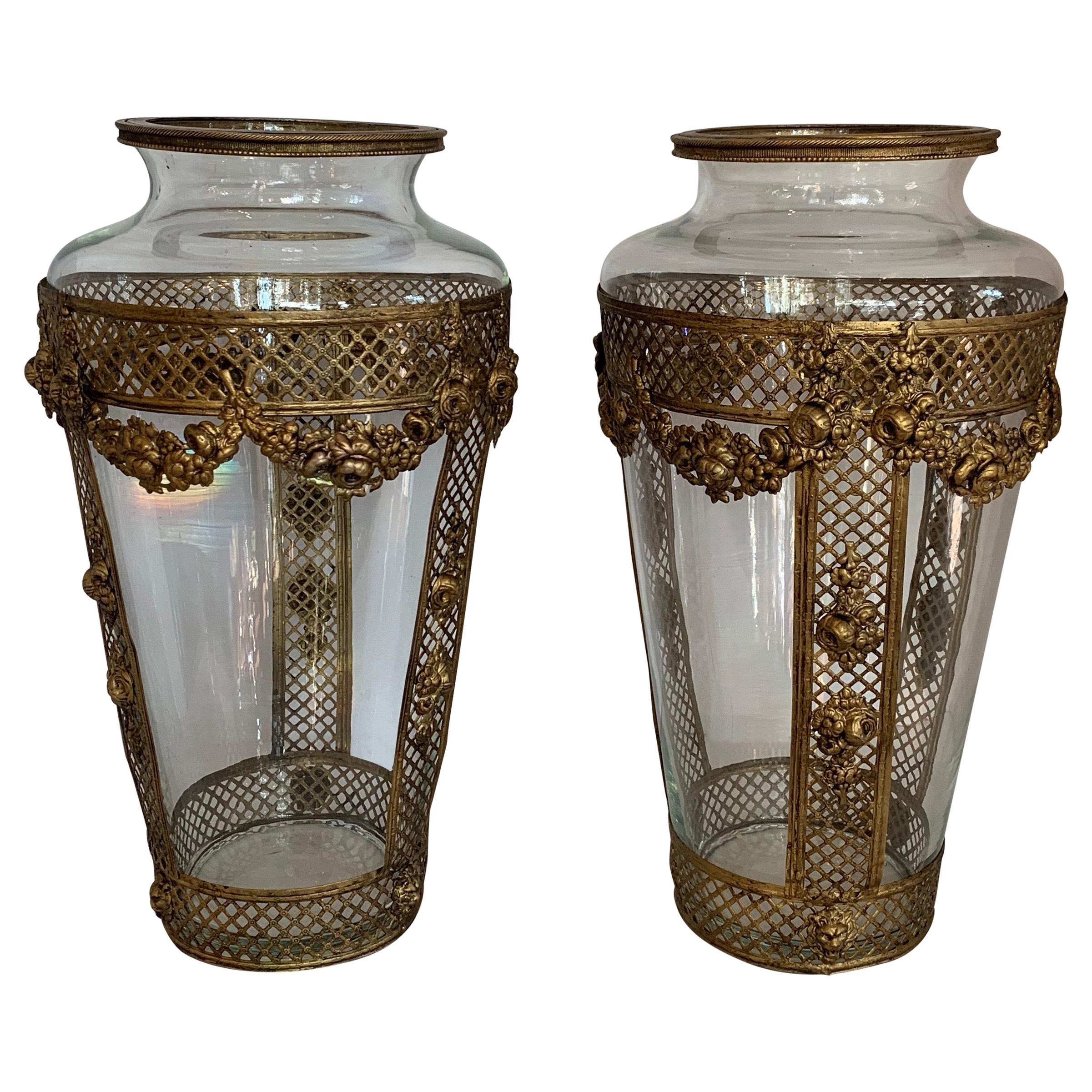 Wonderful Pair French Ormolu Pierced Bronze Crystal Glass Neoclassical Vases For Sale