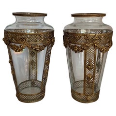 Wonderful Pair French Ormolu Pierced Bronze Crystal Glass Neoclassical Vases