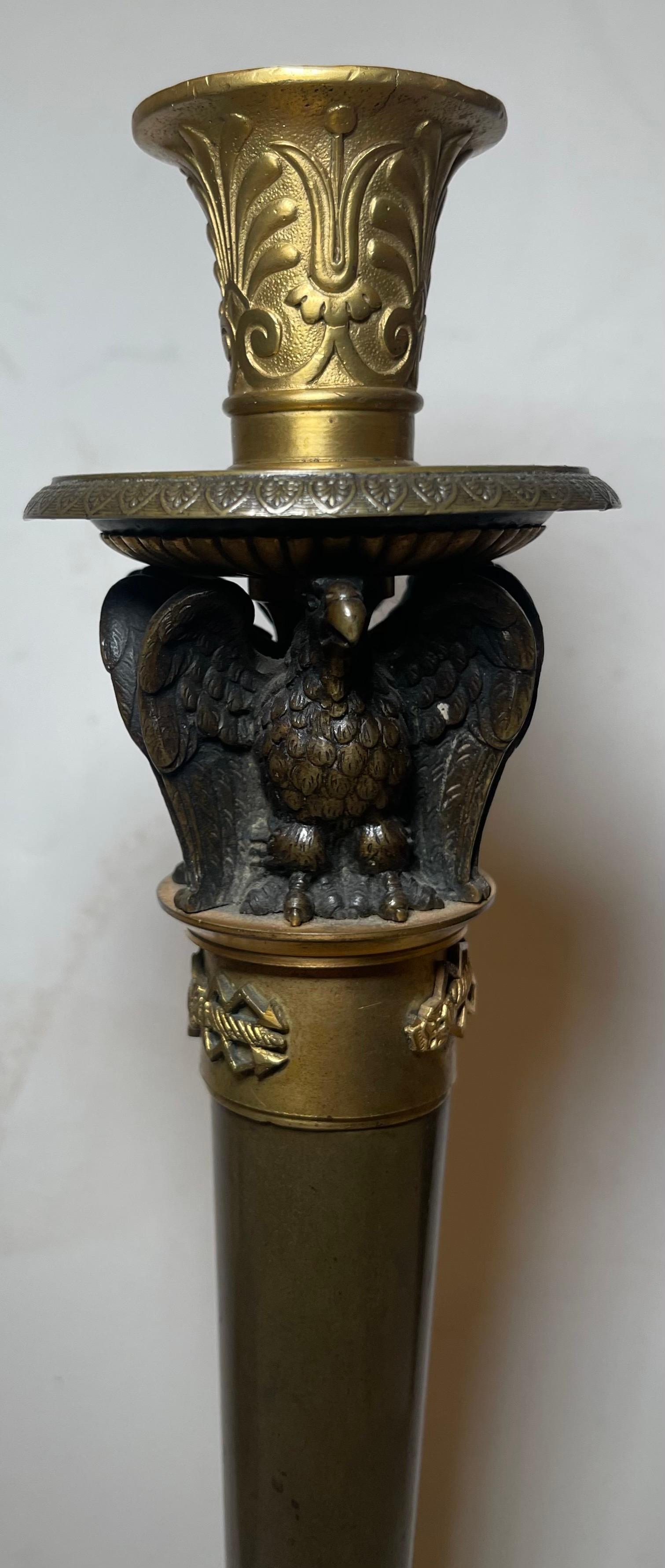 A Wonderful Pair Of French Patinated & Dore Bronze Empire / Neoclassical / Napoleonic Substantial Candlesticks Each With 3 Eagles, In The Manner Of Claude Galle.
