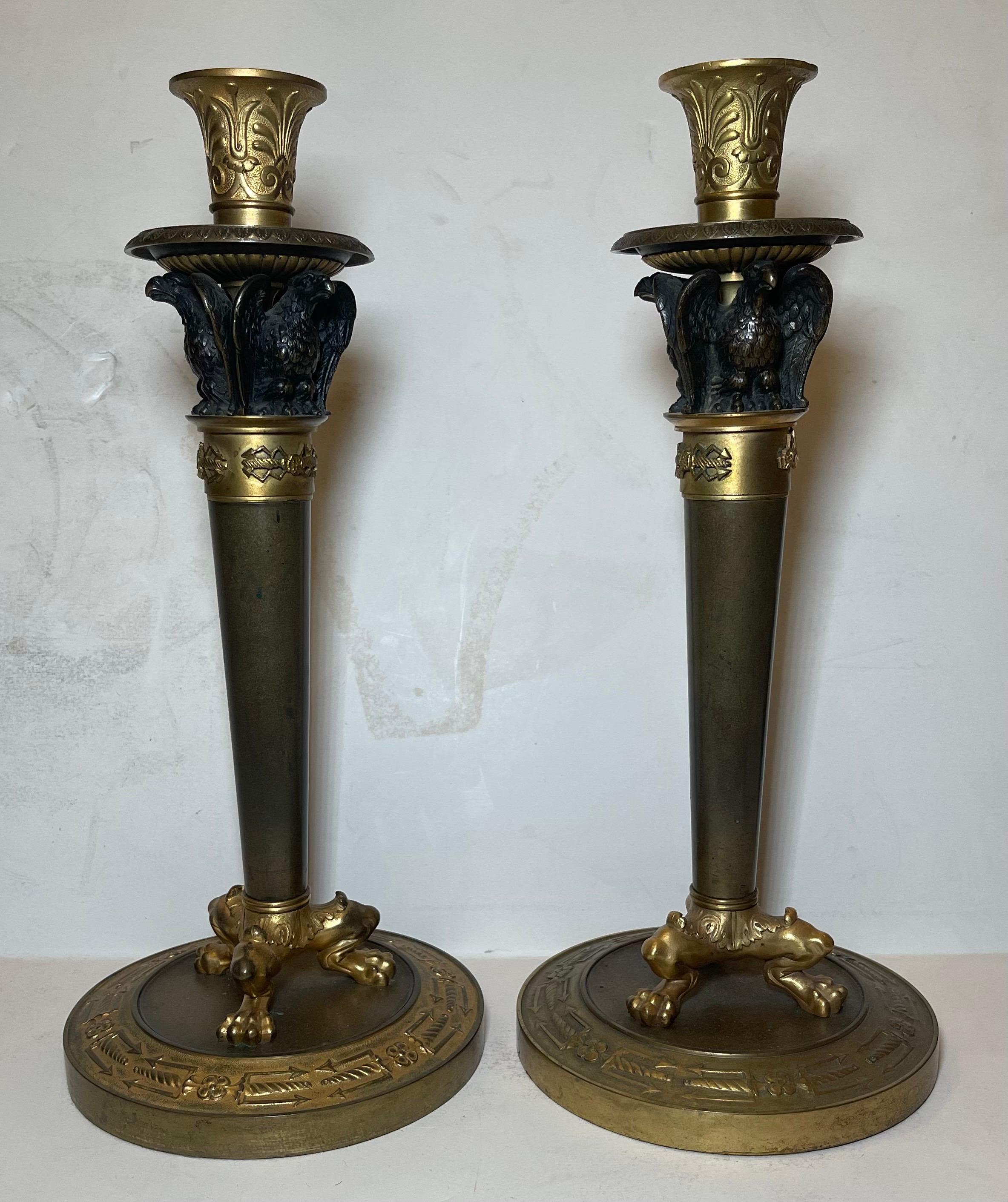 Gilt Wonderful Pair French Patinated Dore Bronze Empire Neoclassical Candlesticks For Sale