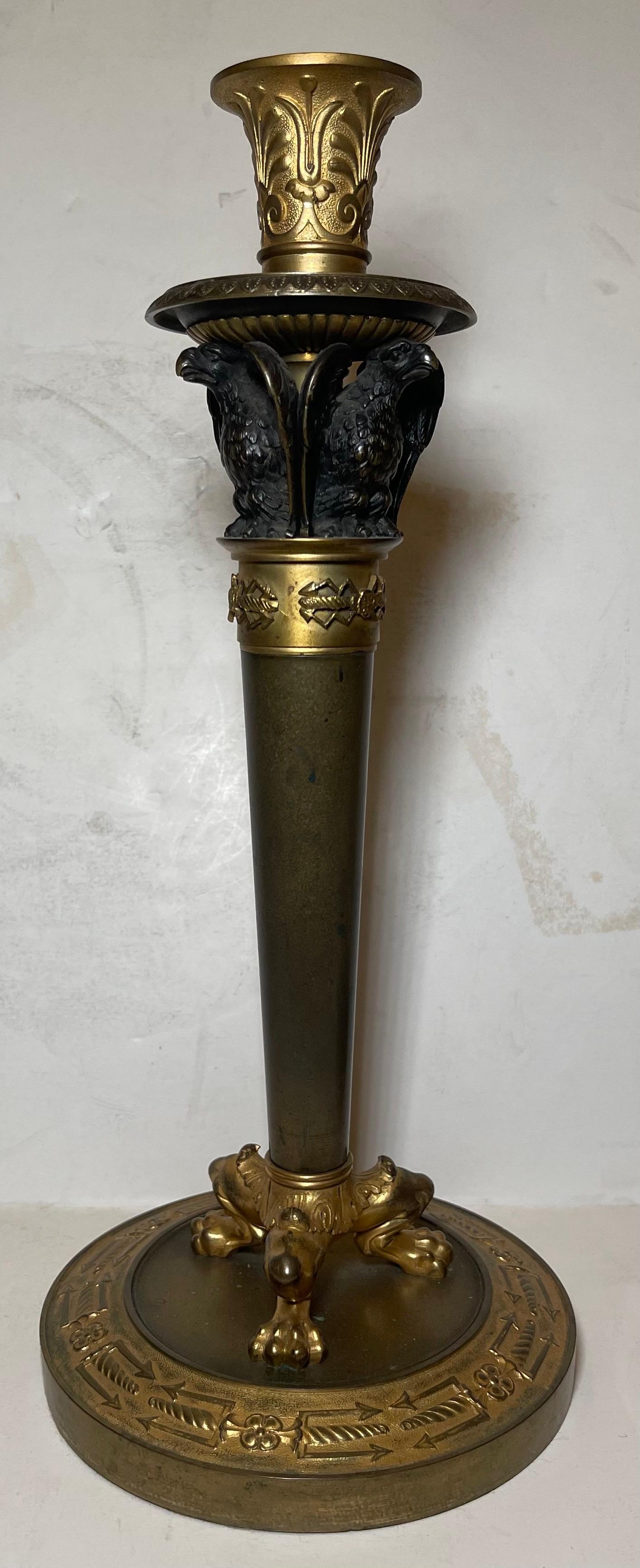 Wonderful Pair French Patinated Dore Bronze Empire Neoclassical Candlesticks In Good Condition For Sale In Roslyn, NY