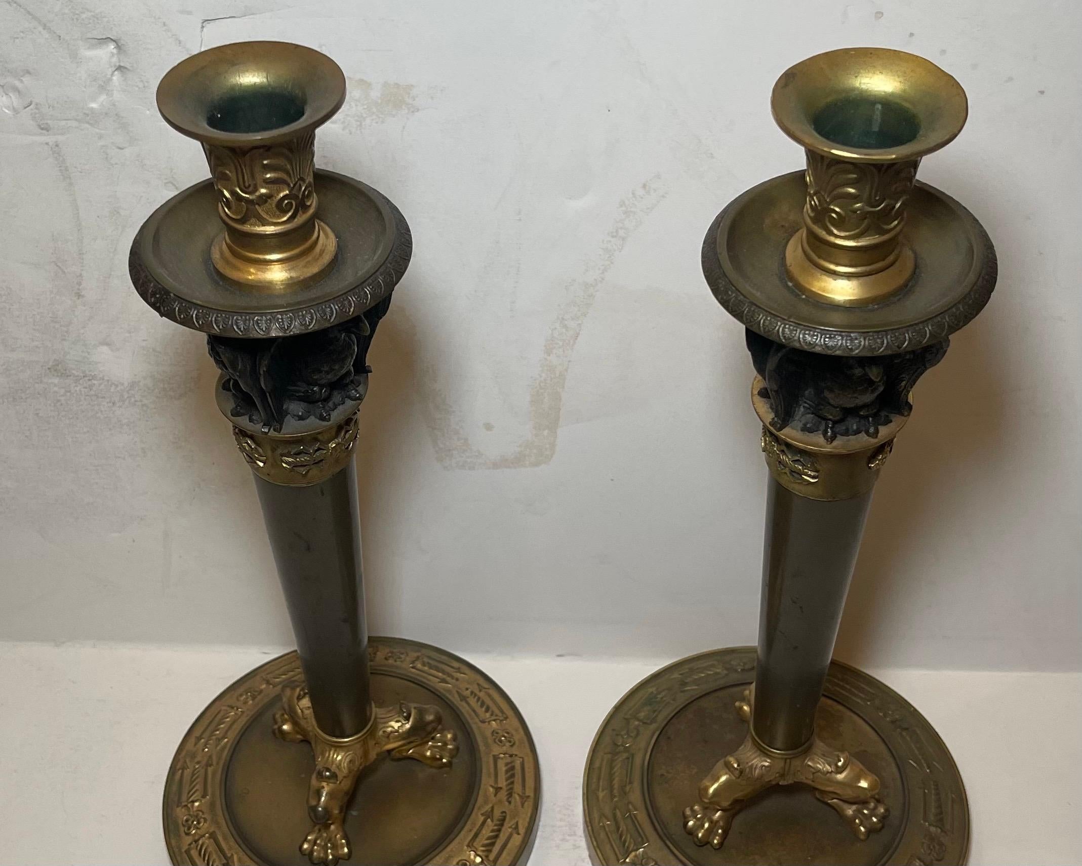 19th Century Wonderful Pair French Patinated Dore Bronze Empire Neoclassical Candlesticks For Sale