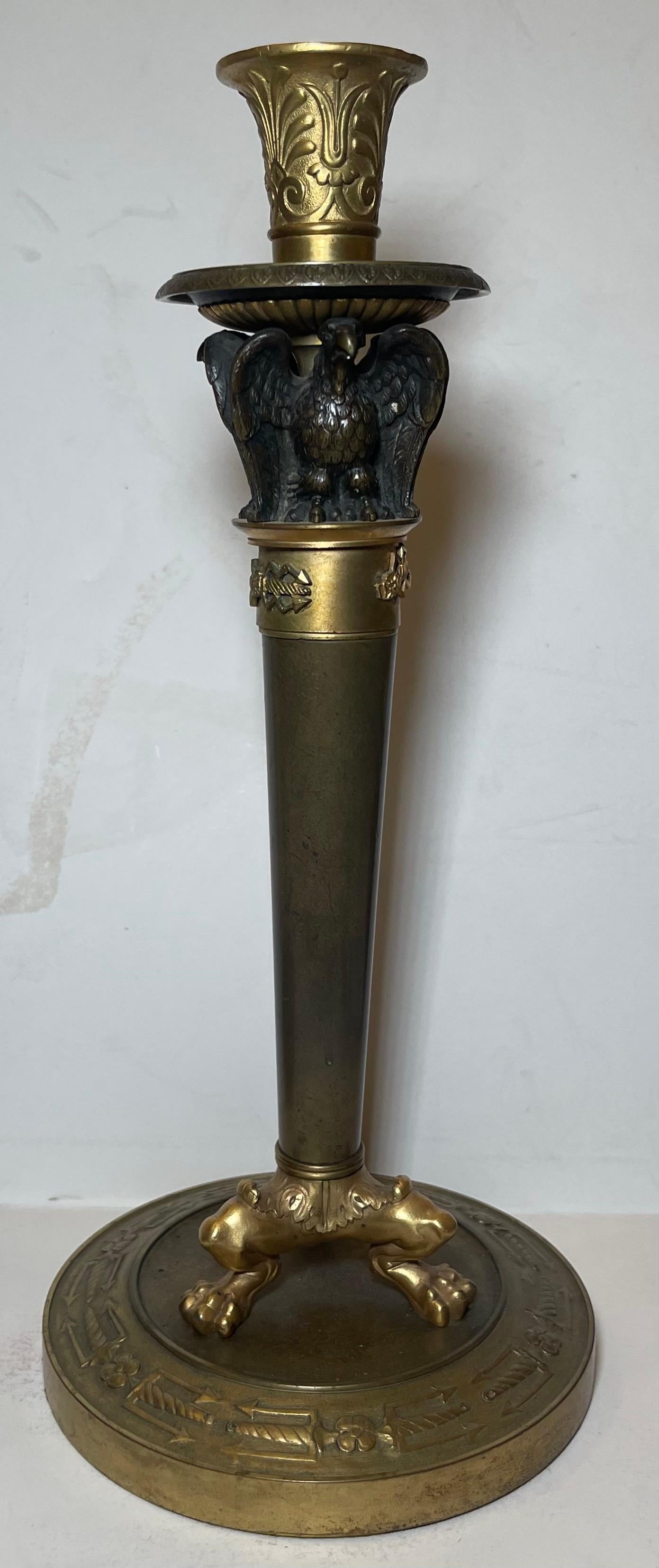 Wonderful Pair French Patinated Dore Bronze Empire Neoclassical Candlesticks For Sale 1
