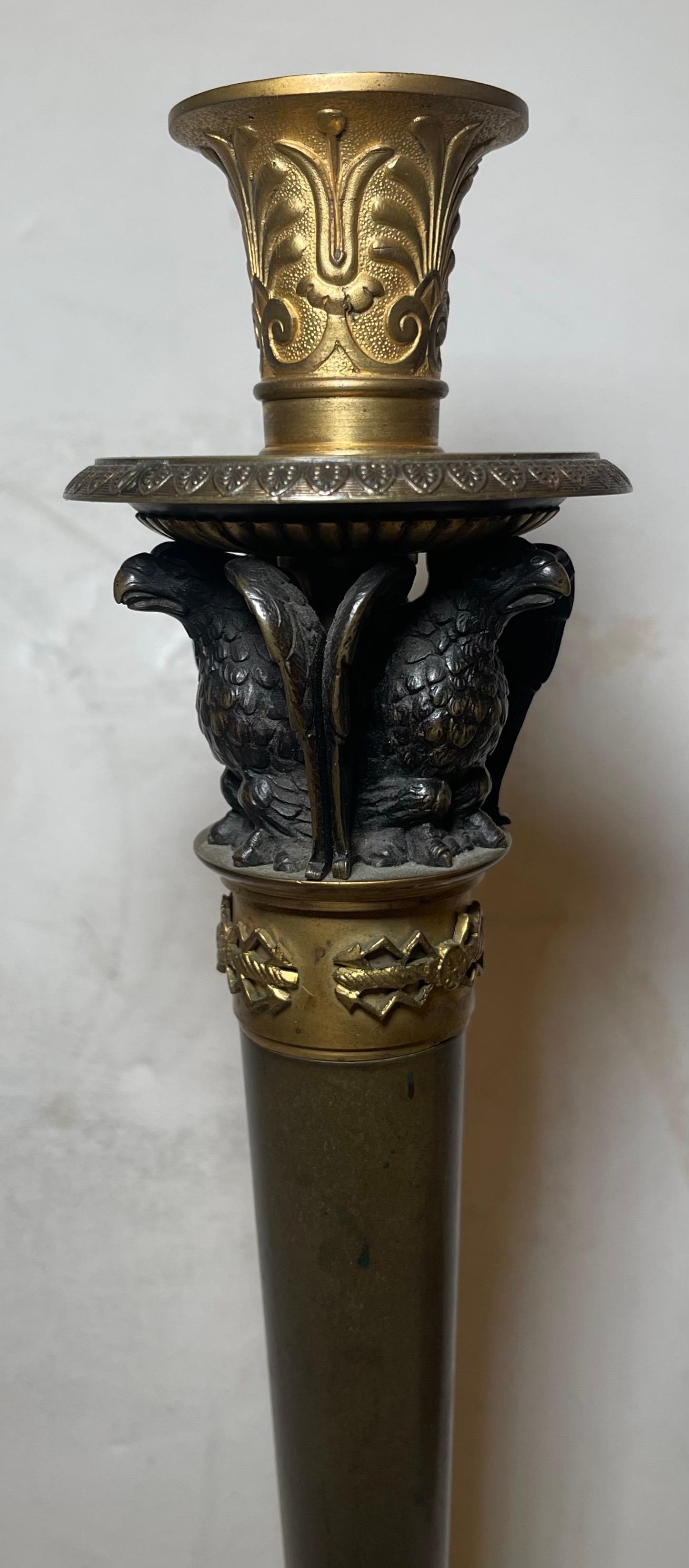 Wonderful Pair French Patinated Dore Bronze Empire Neoclassical Candlesticks For Sale 2