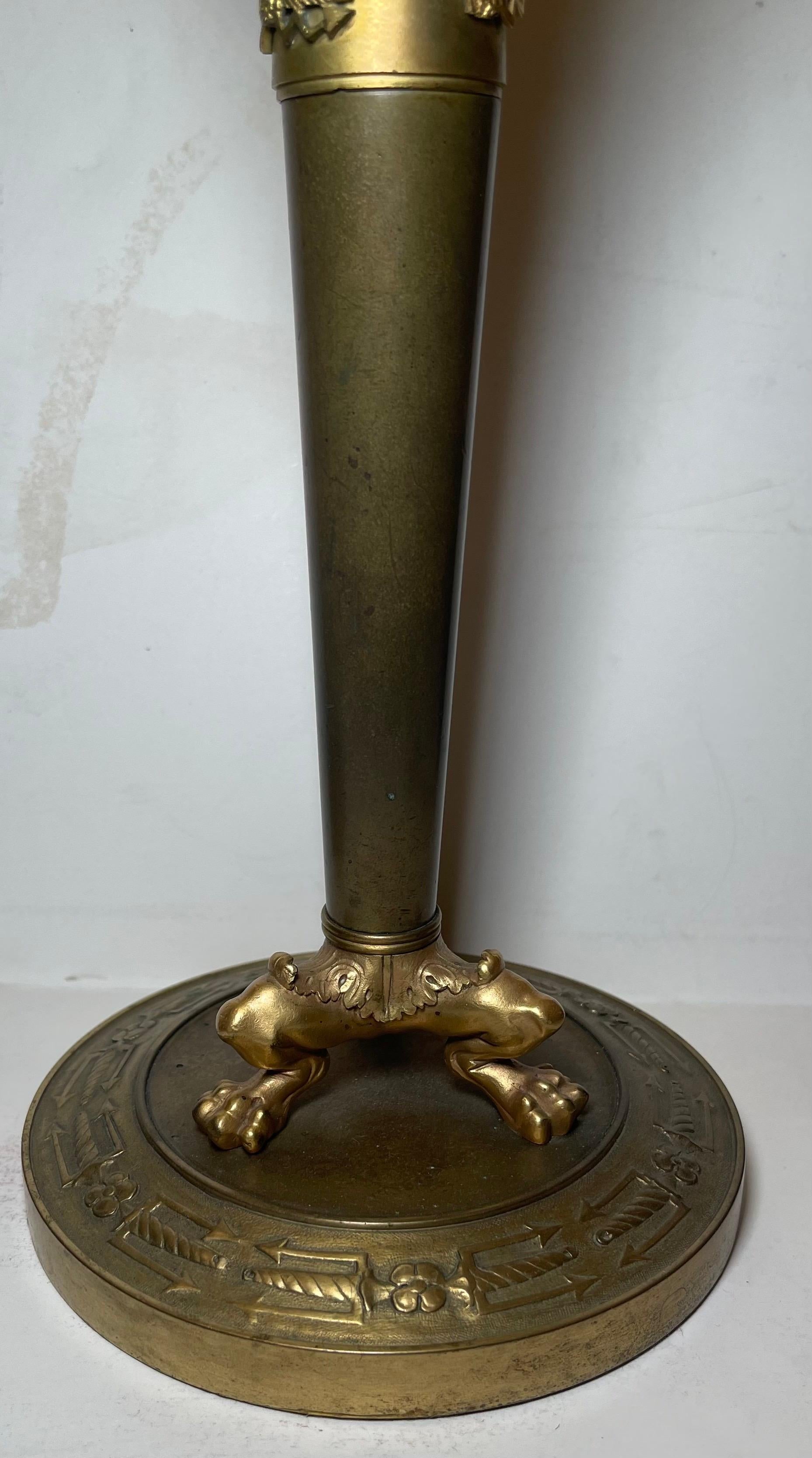Wonderful Pair French Patinated Dore Bronze Empire Neoclassical Candlesticks For Sale 4