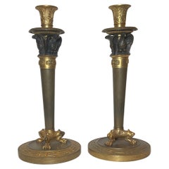 Wonderful Pair French Patinated Dore Bronze Empire Neoclassical Candlesticks