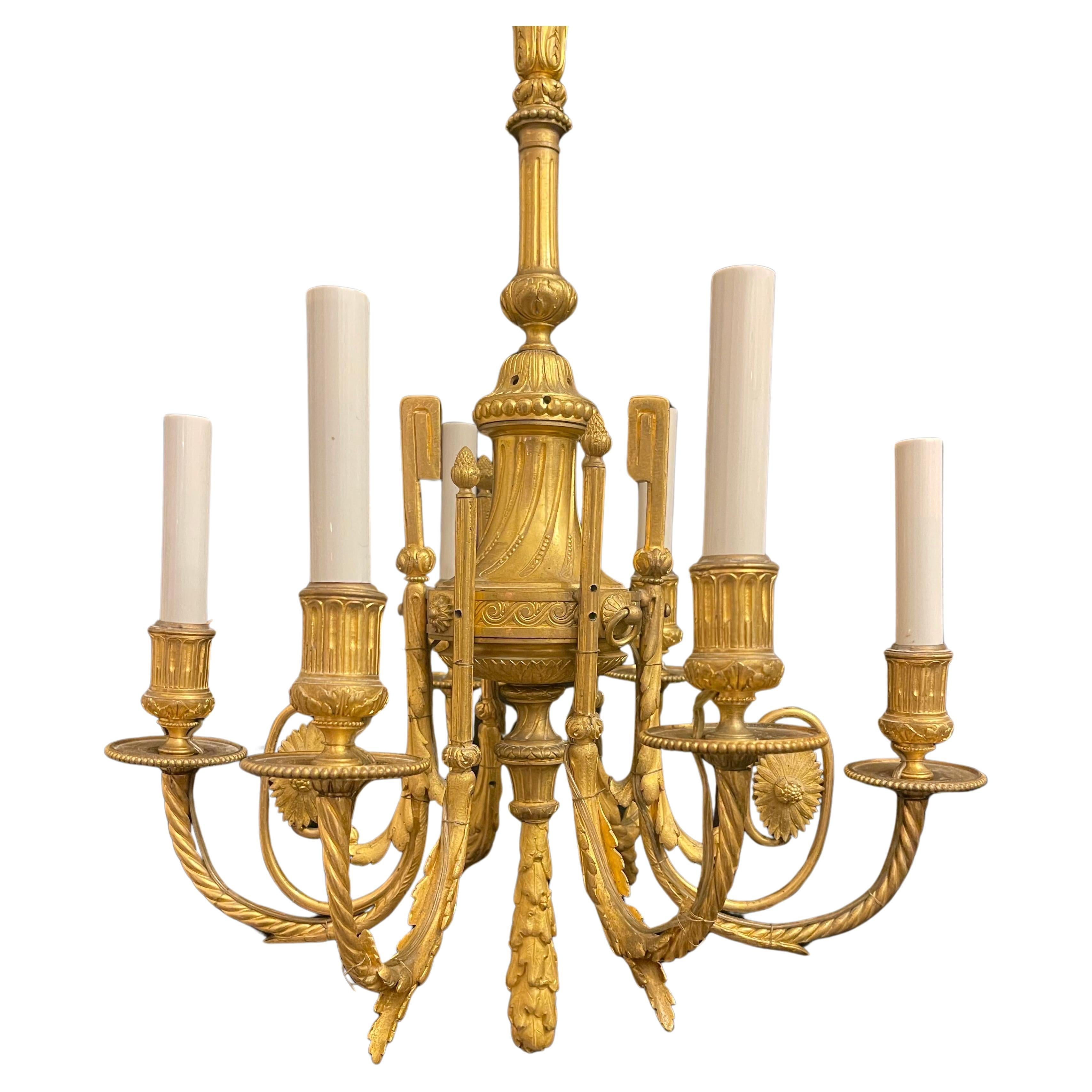 A Wonderful Pair Of French Petite Dore Bronze Urn Form Regency / Neoclassical 6 Candelabra Light Chandeliers 
Wiring Up To Date
They Come With Chain, Canopy And Mounting Hardware For Installation
