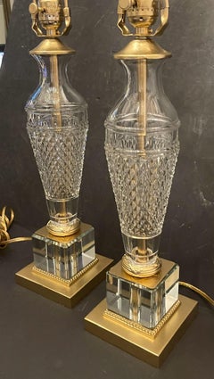 Wonderful Pair French Regency Cut Crystal Ormolu Gilt Bronze Column Lamps