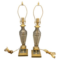 Wonderful Pair French Regency Cut Crystal Ormolu Gilt Bronze Column Lamps