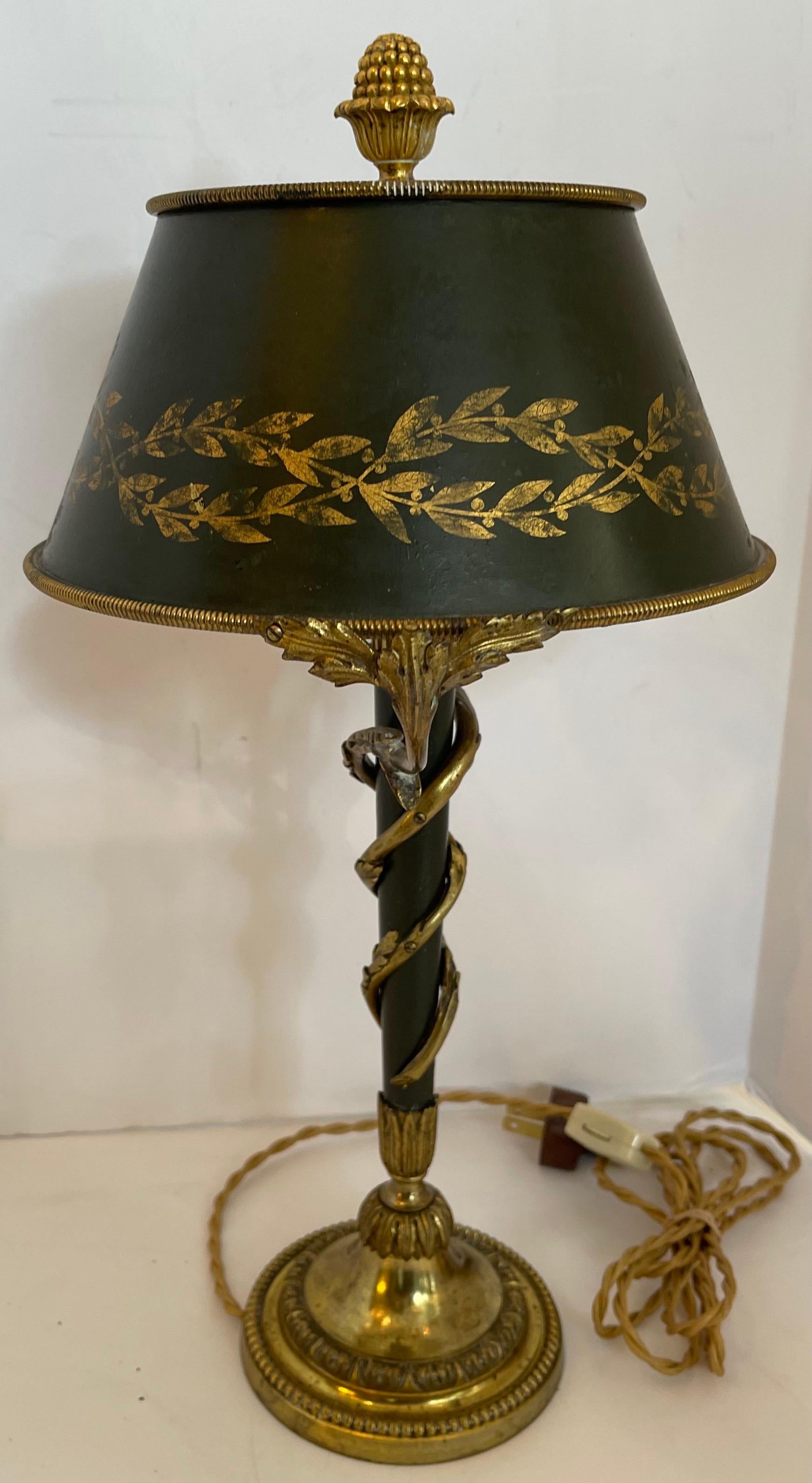 20th Century Wonderful Pair French Signed H. Beau Gilt Bronze Bouillotte Lamps Tole Shades