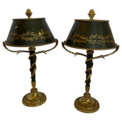 Wonderful Pair French Signed H. Beau Gilt Bronze Bouillotte Lamps Tole Shades