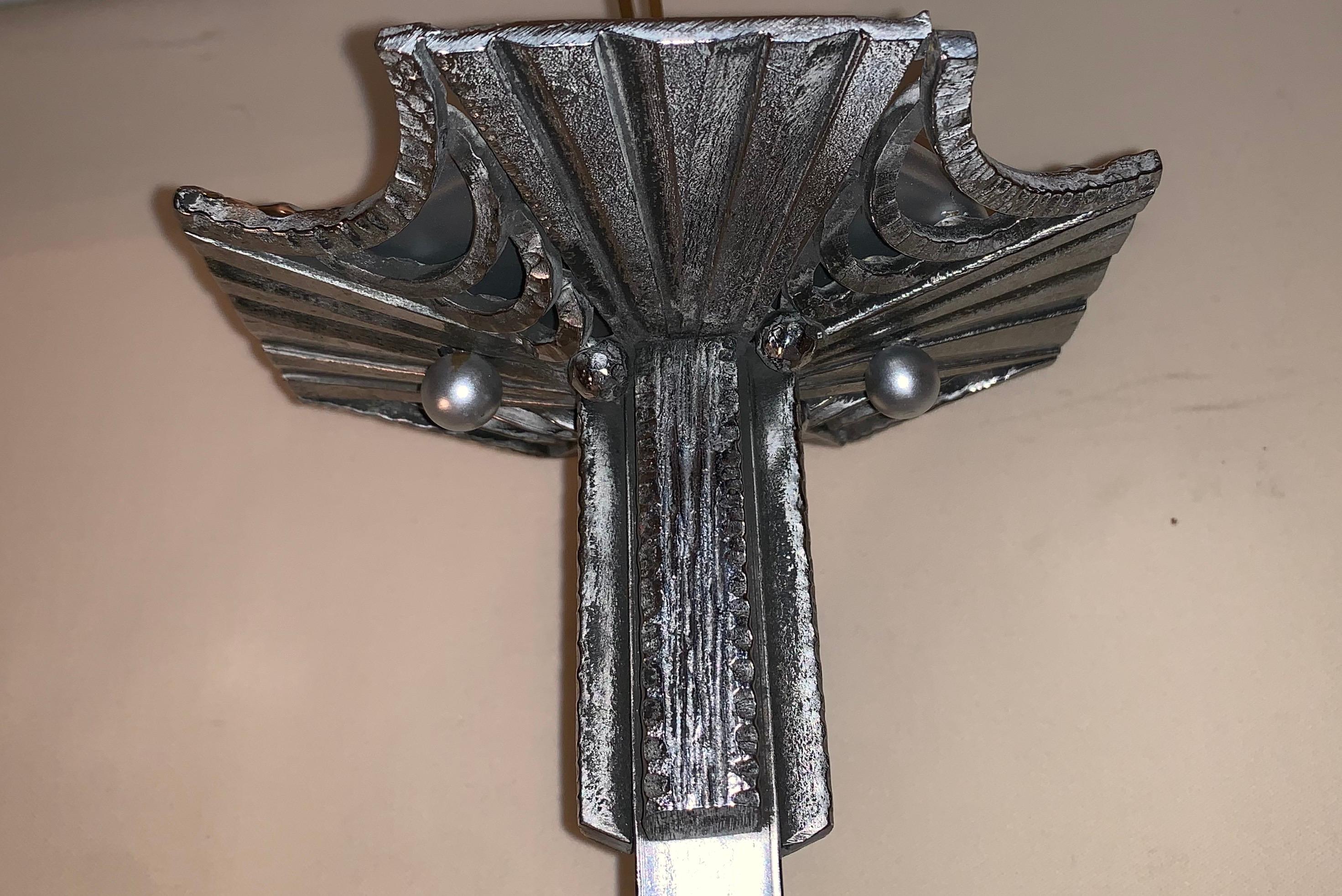 Wonderful Art French Silvered Bronze Art Deco Frost Glass Flush Mount Fixture In Good Condition For Sale In Roslyn, NY
