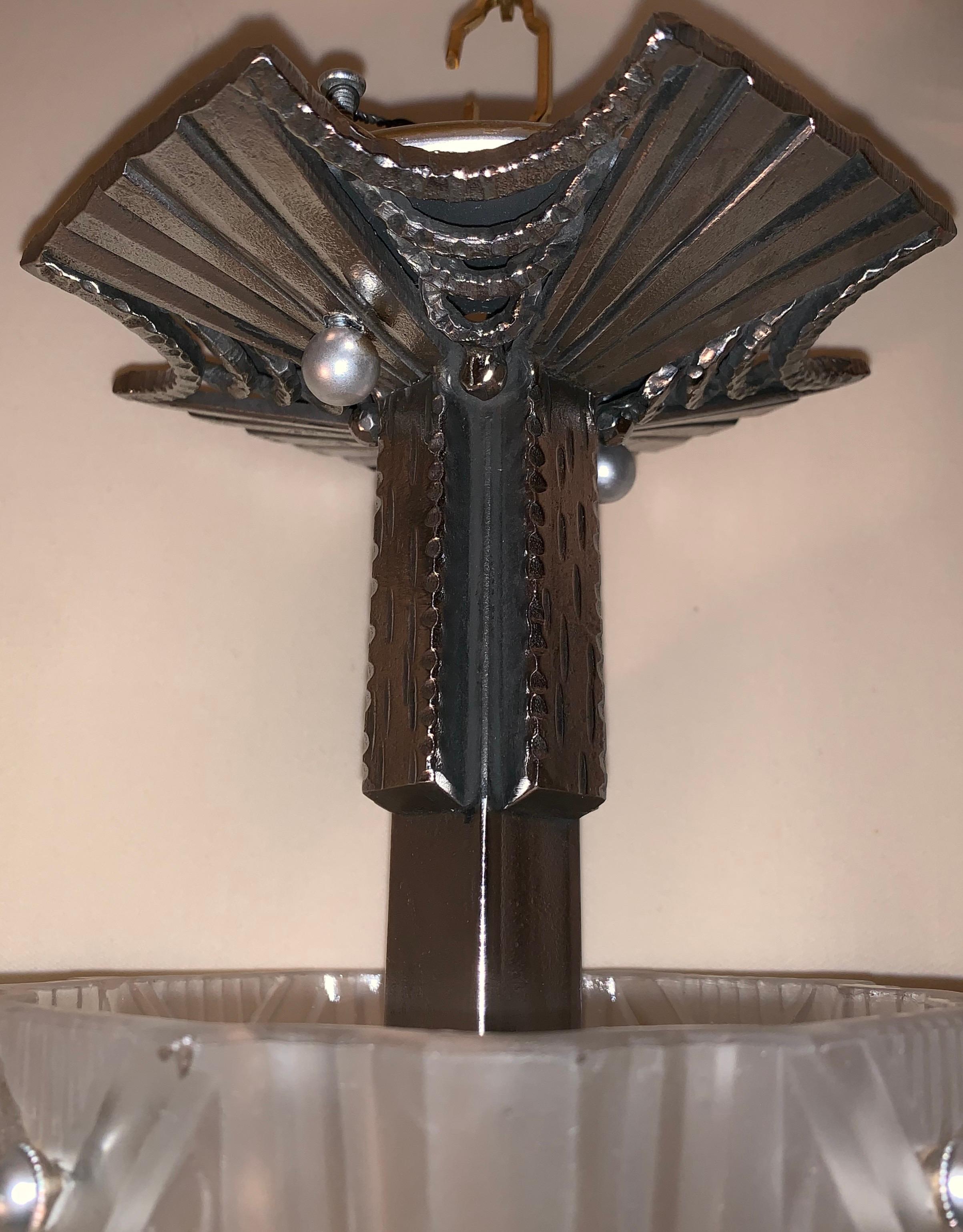 Wonderful Art French Silvered Bronze Art Deco Frost Glass Flush Mount Fixture For Sale 1