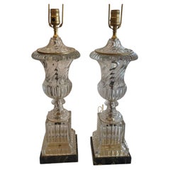 Wonderful Pair Gilt Bronze Baccarat Swirl Glass Marble Urn Form Crystal Lamps