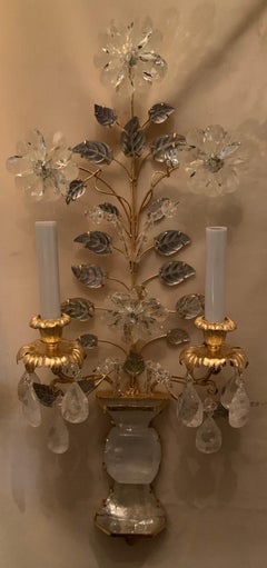 Wonderful Pair Gold Gilt Rock Crystal Baguès Mid-Century Modern 2-Light Sconces
