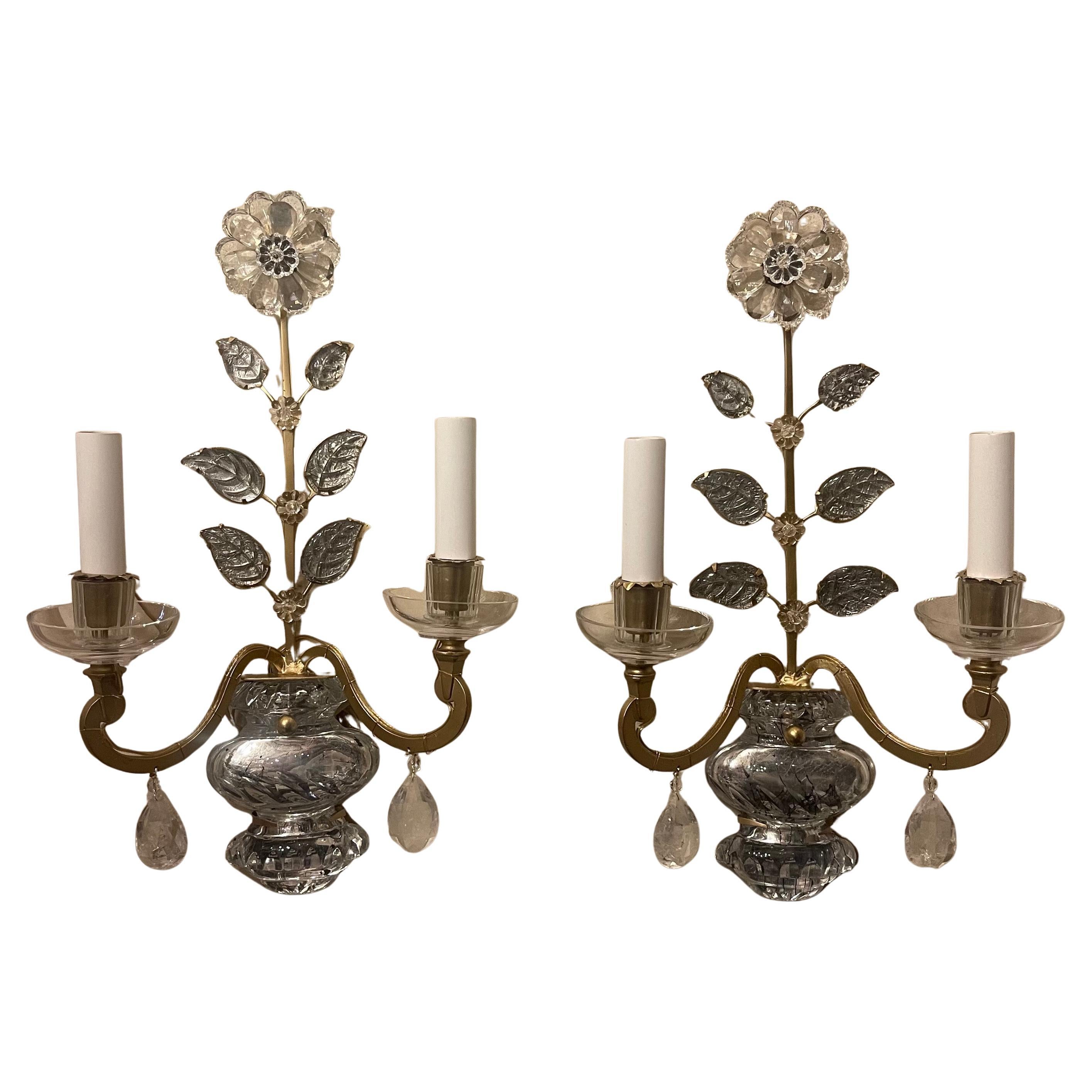 Wonderful Pair Gold Gilt Rock Crystal Leaf Bouquet Flower Maison Baguès Sconces