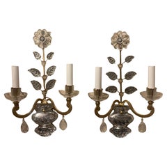 Wonderful Pair Gold Gilt Rock Crystal Leaf Bouquet Flower Maison Baguès Sconces