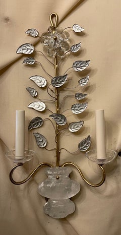 Wonderful Pair Gold Gilt Rock Crystal Urn Leaf Bouquet Maison Baguès Sconces