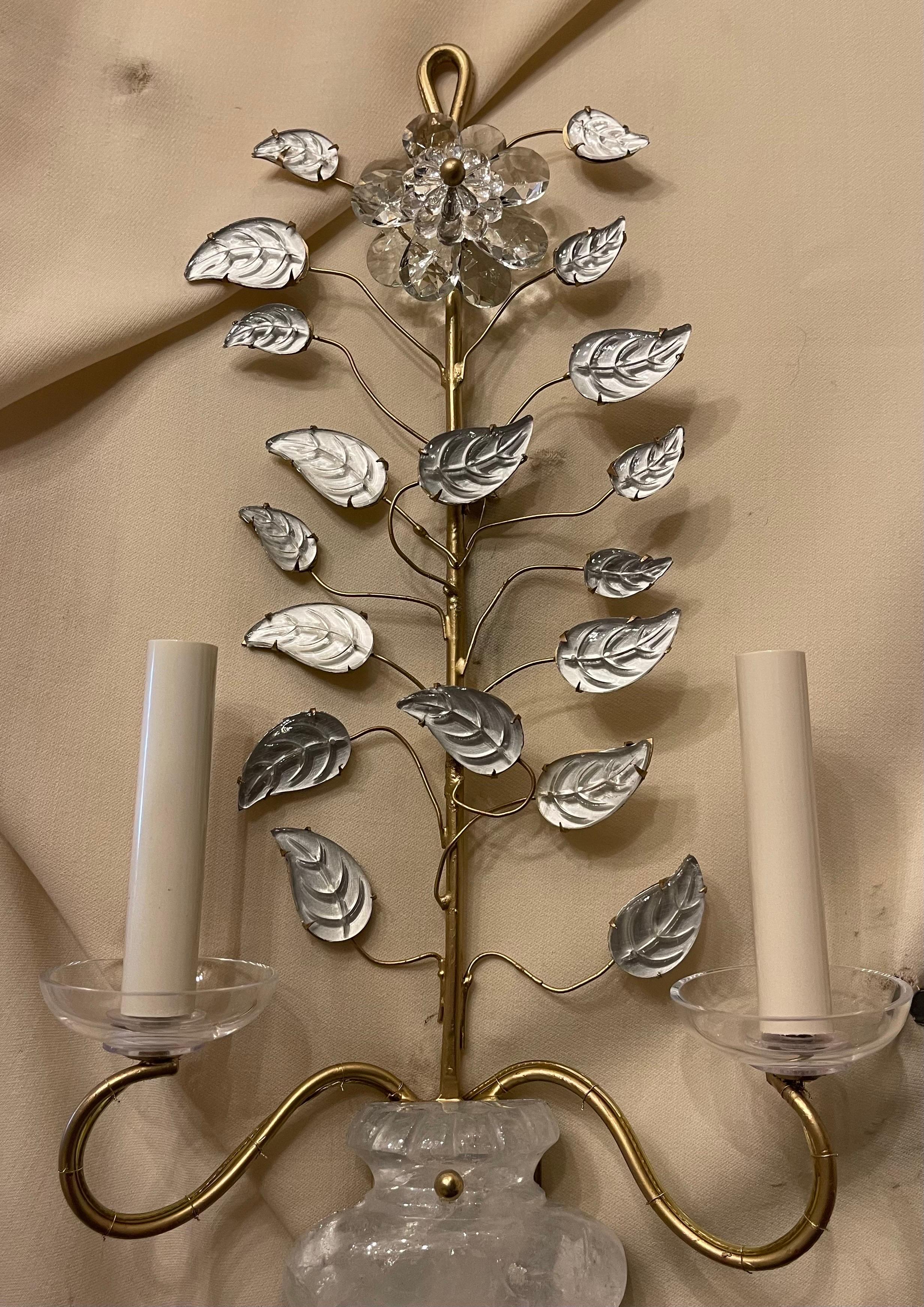 Hand-Crafted Wonderful Pair Gold Gilt Rock Crystal Urn Leaf Bouquet Maison Baguès Sconces For Sale