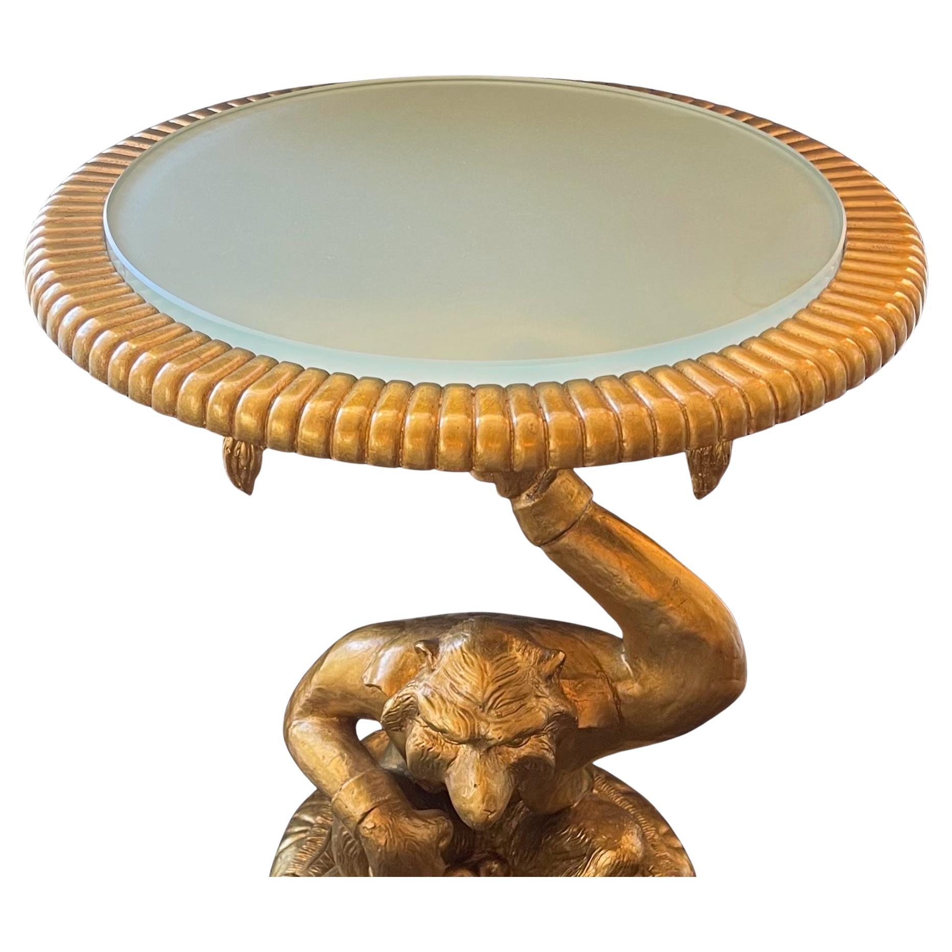 Wonderful Pair Gold Leaf Carved Wood Monkey Figures Resting Pillows Glass Tables 5