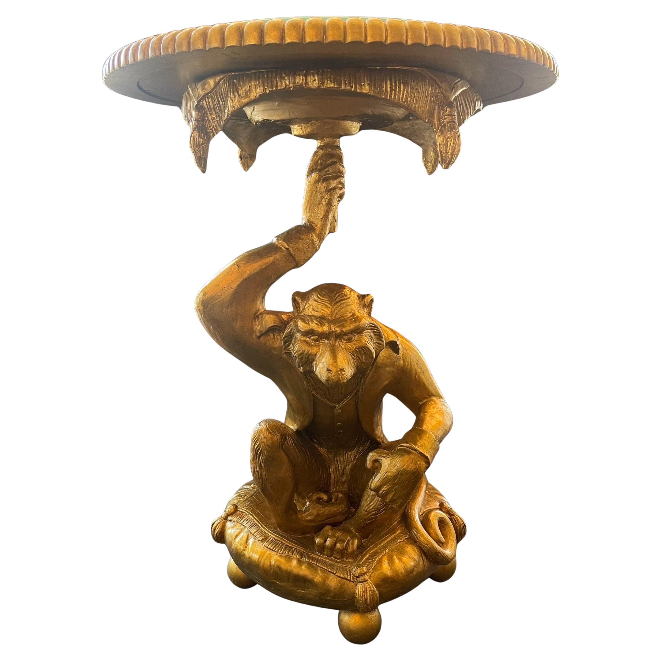 Hand-Carved Wonderful Pair Gold Leaf Carved Wood Monkey Figures Resting Pillows Glass Tables