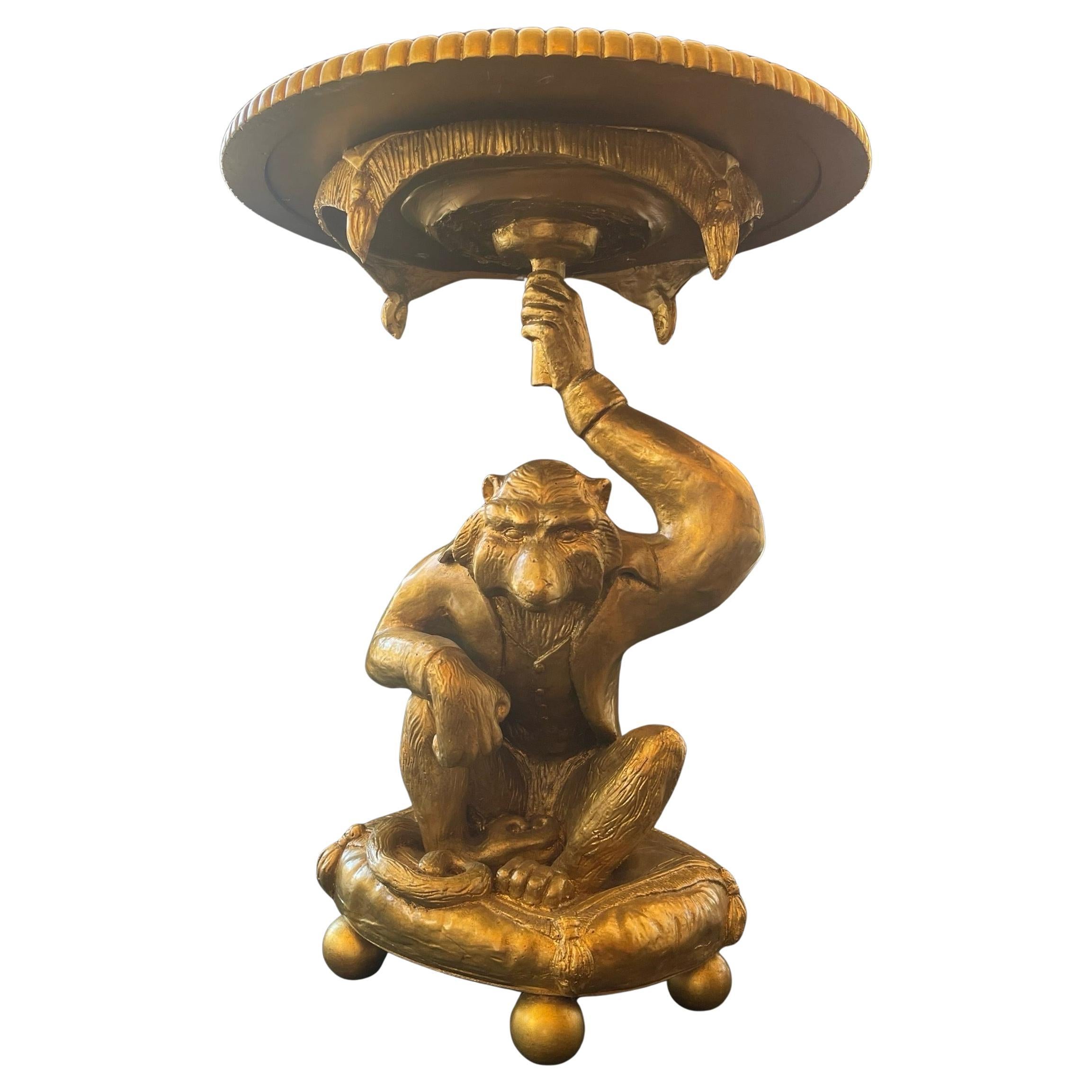Wonderful Pair Gold Leaf Carved Wood Monkey Figures Resting Pillows Glass Tables In Good Condition In Roslyn, NY