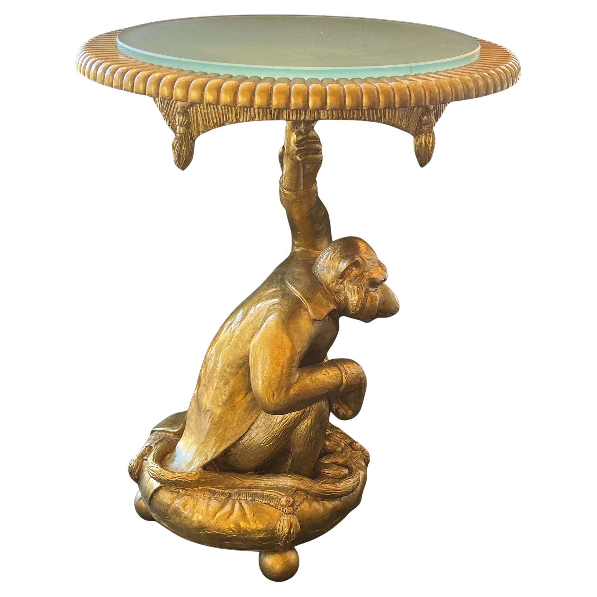 Wonderful Pair Gold Leaf Carved Wood Monkey Figures Resting Pillows Glass Tables 1